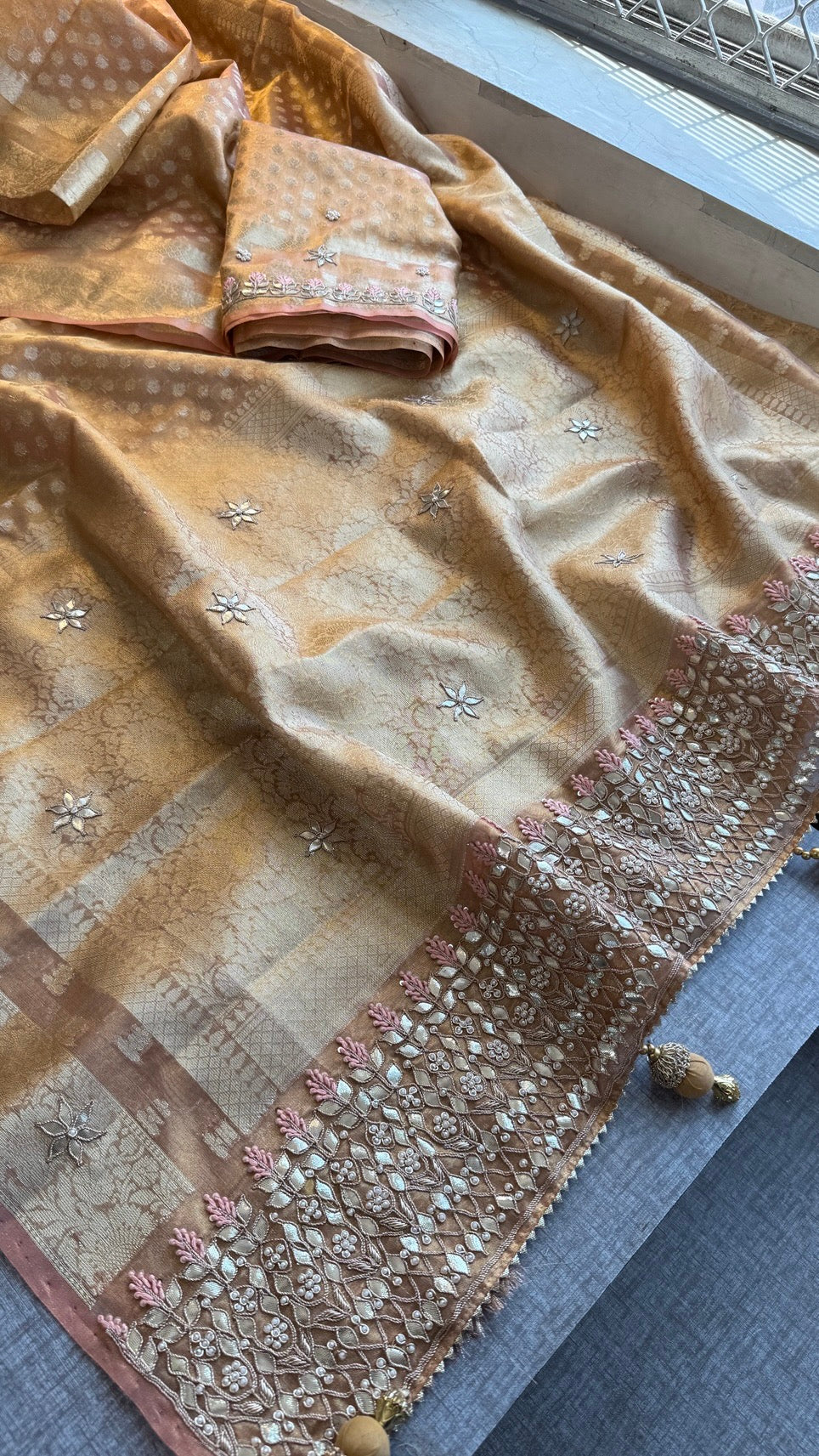 100% Soft Tissue Silk Banarasi Weaving Saree with Gotapatti, Zardozi, Pearl & Sequin Work
