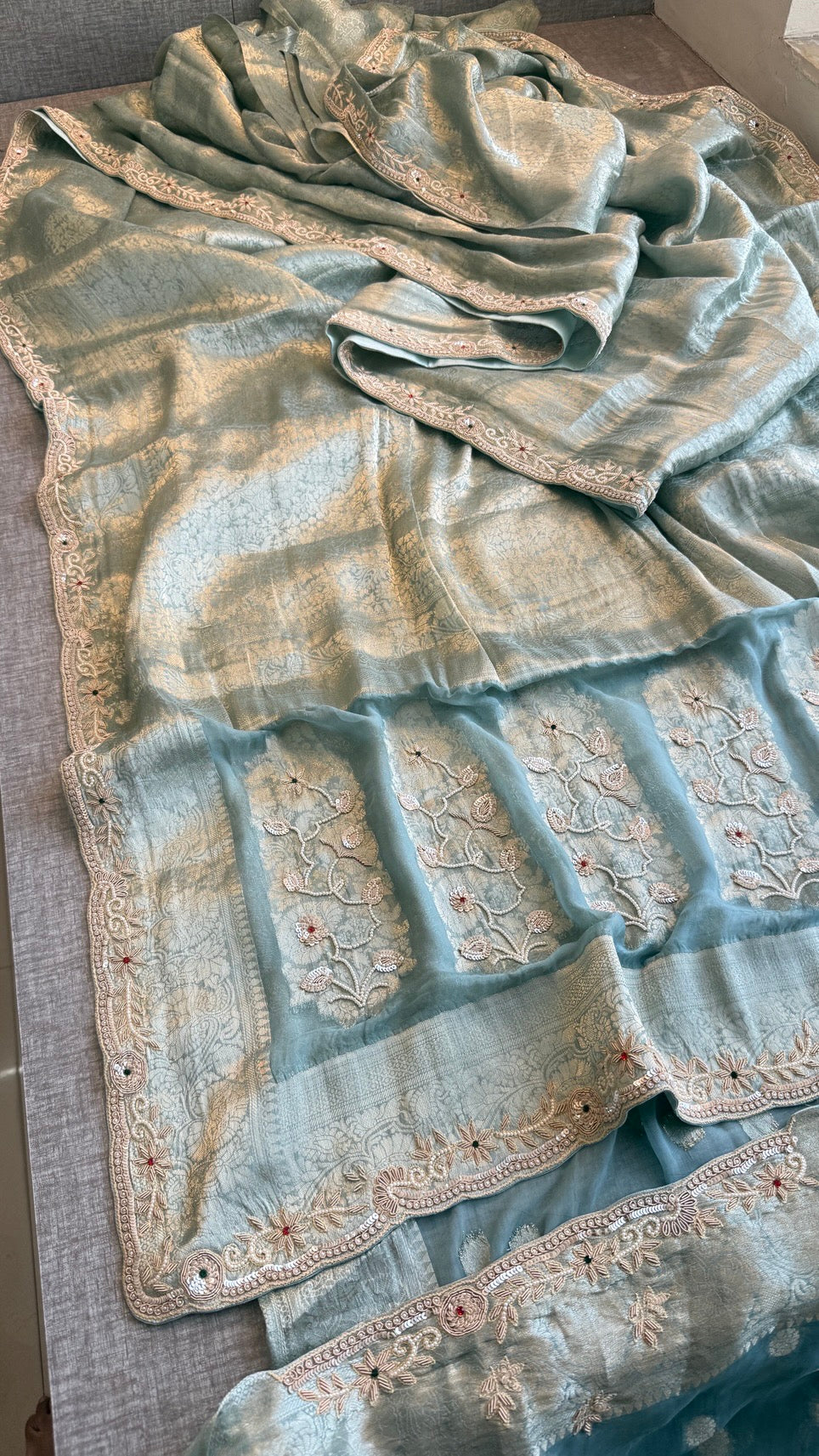 Wedding Wear Banarasi Khaddi Georgette Saree with Pearl Sequin Gotapatti Work