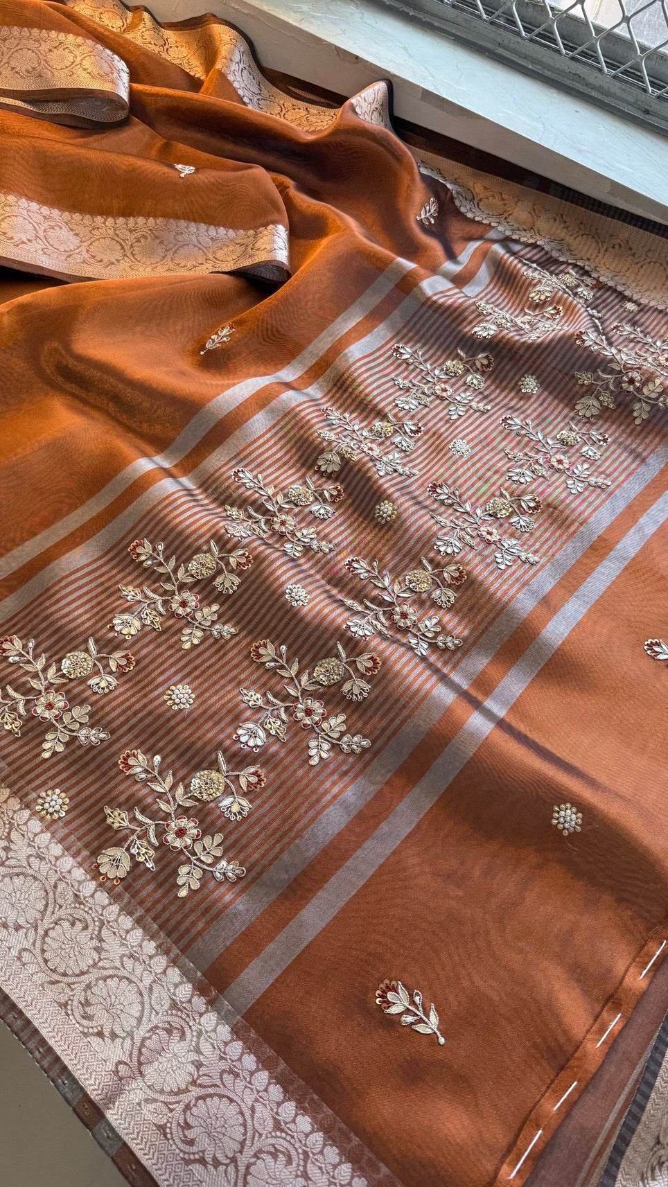 Pure Soft Silk Banarasi Weaving Saree with Zardozi Gotapatti & Pearl Sequins Pallu
