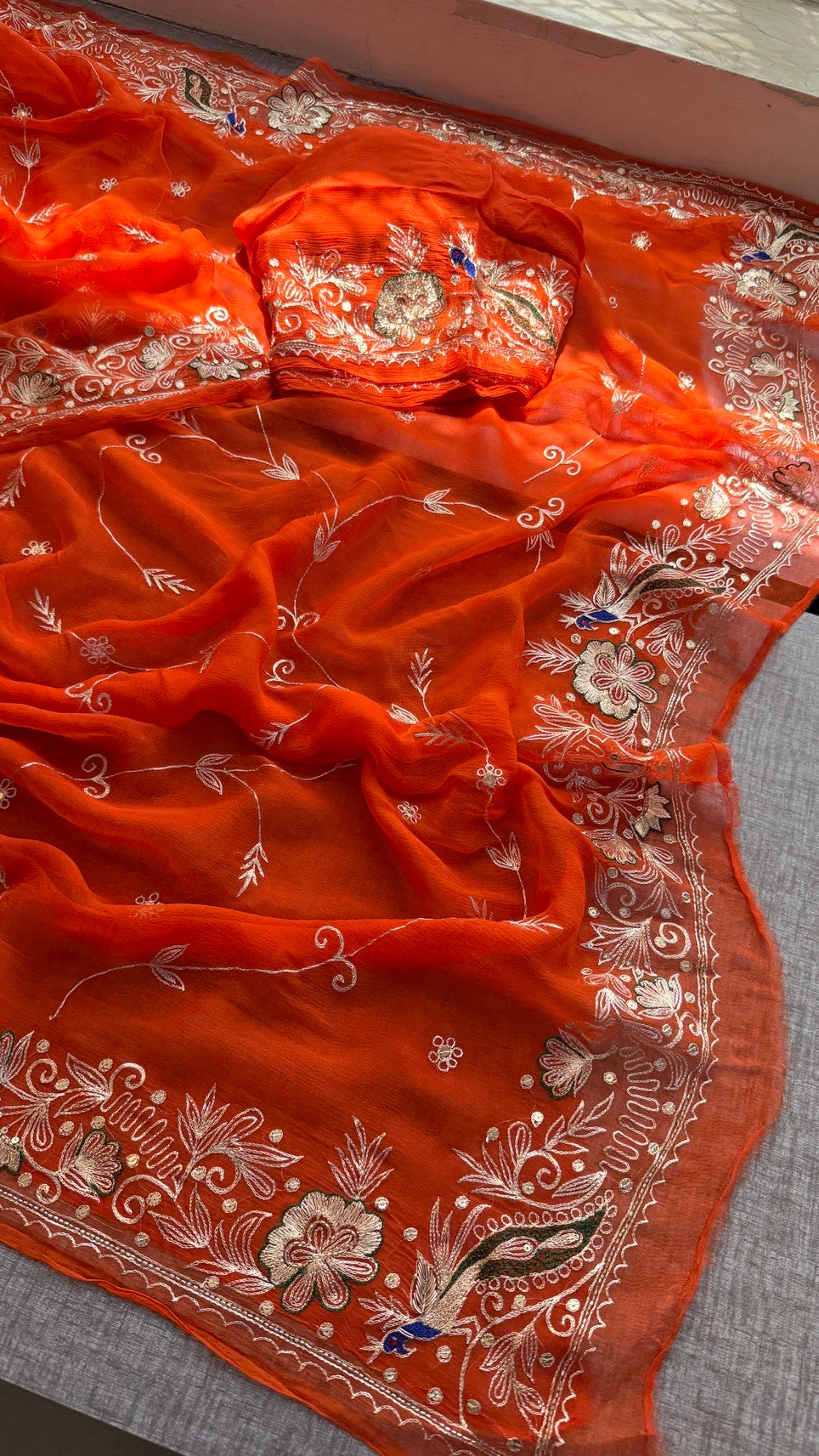 Handcrafted Chiffon Saree with Aari Pittan Peacock Work