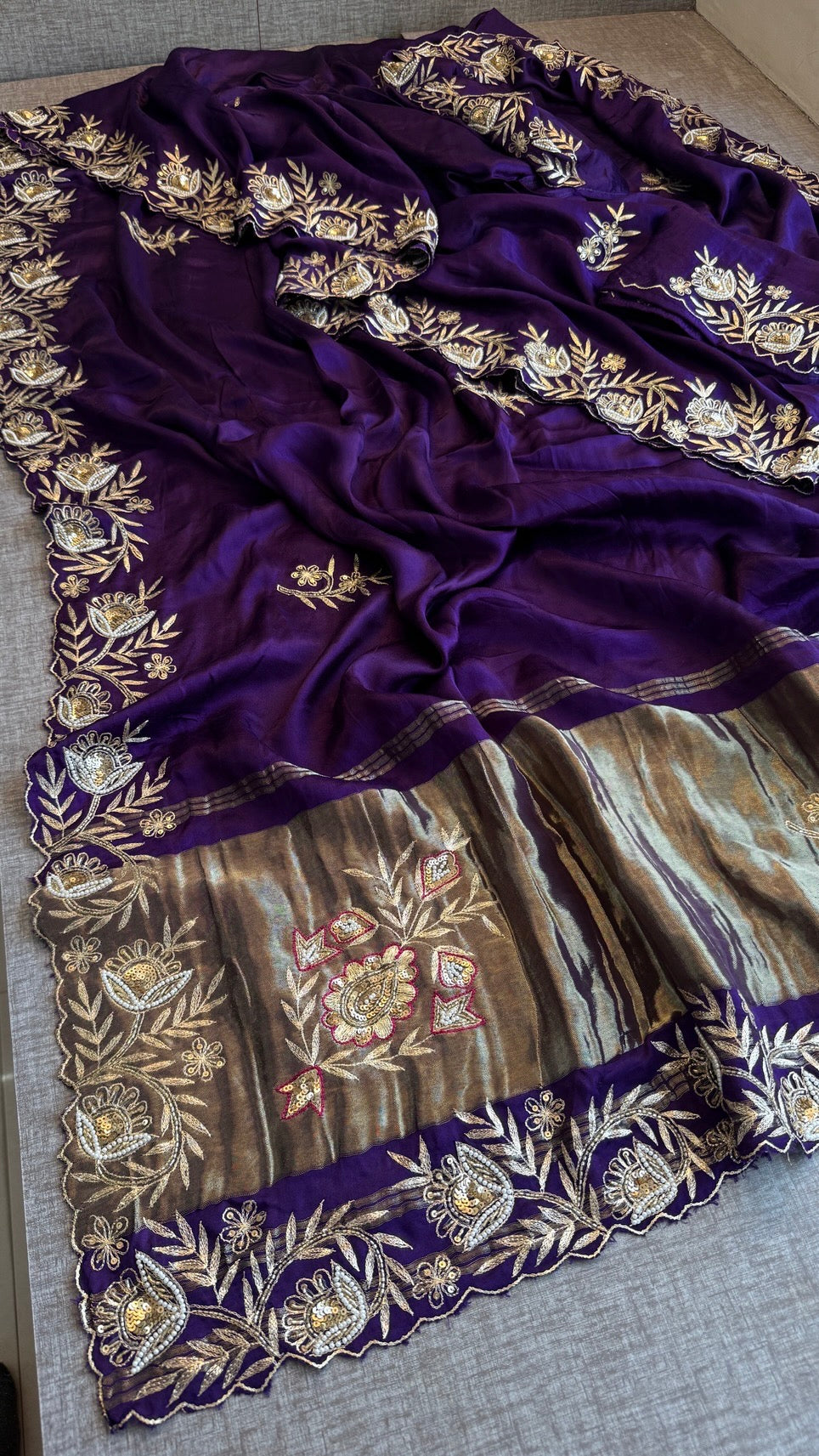 Soft Gajji Silk Lakdi Patta Banarasi Saree with Zardozi, Kasab, Pearl & Sequins Work