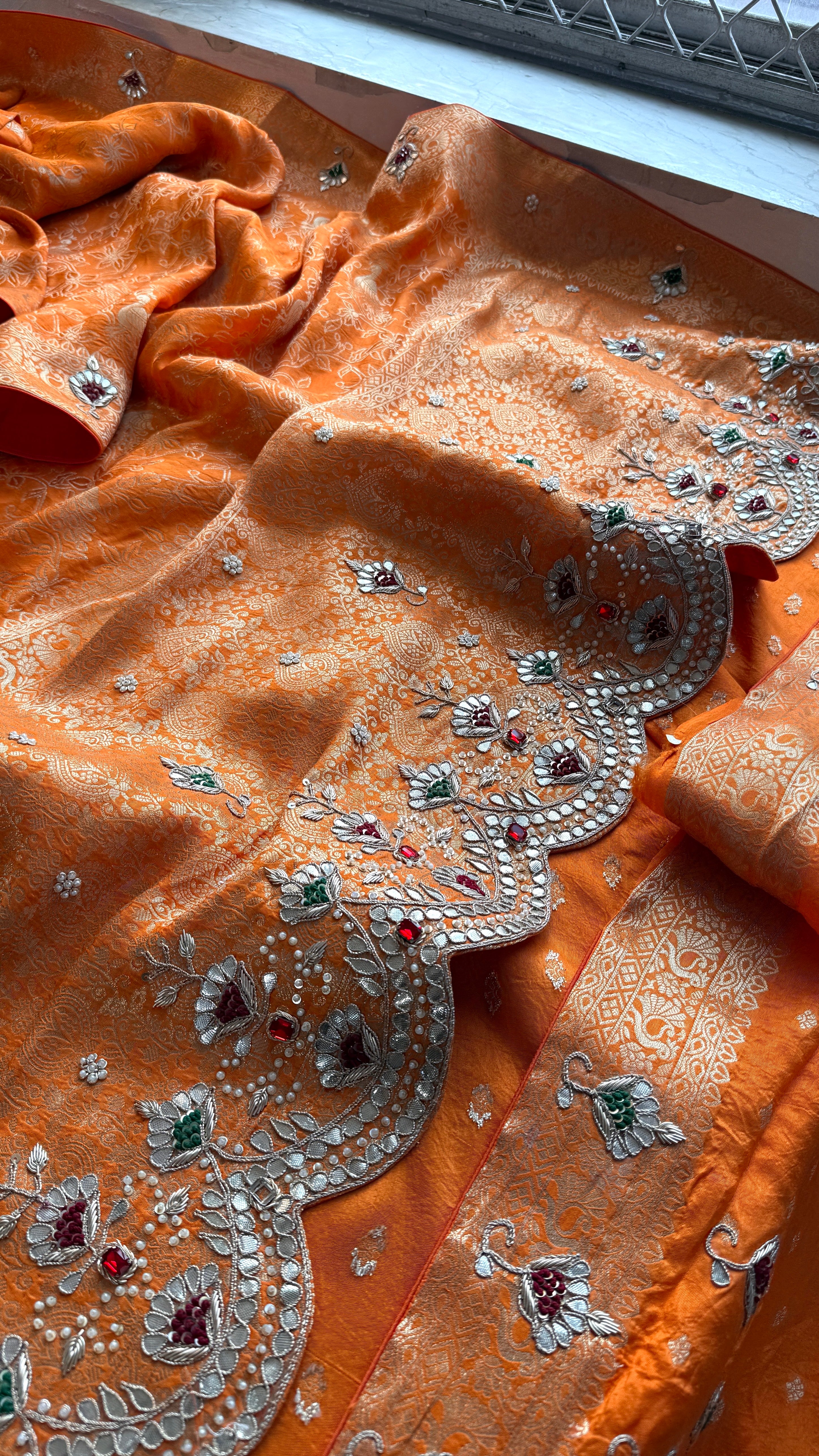Vibrant Orange Banarasi Georgette Stone Work Saree