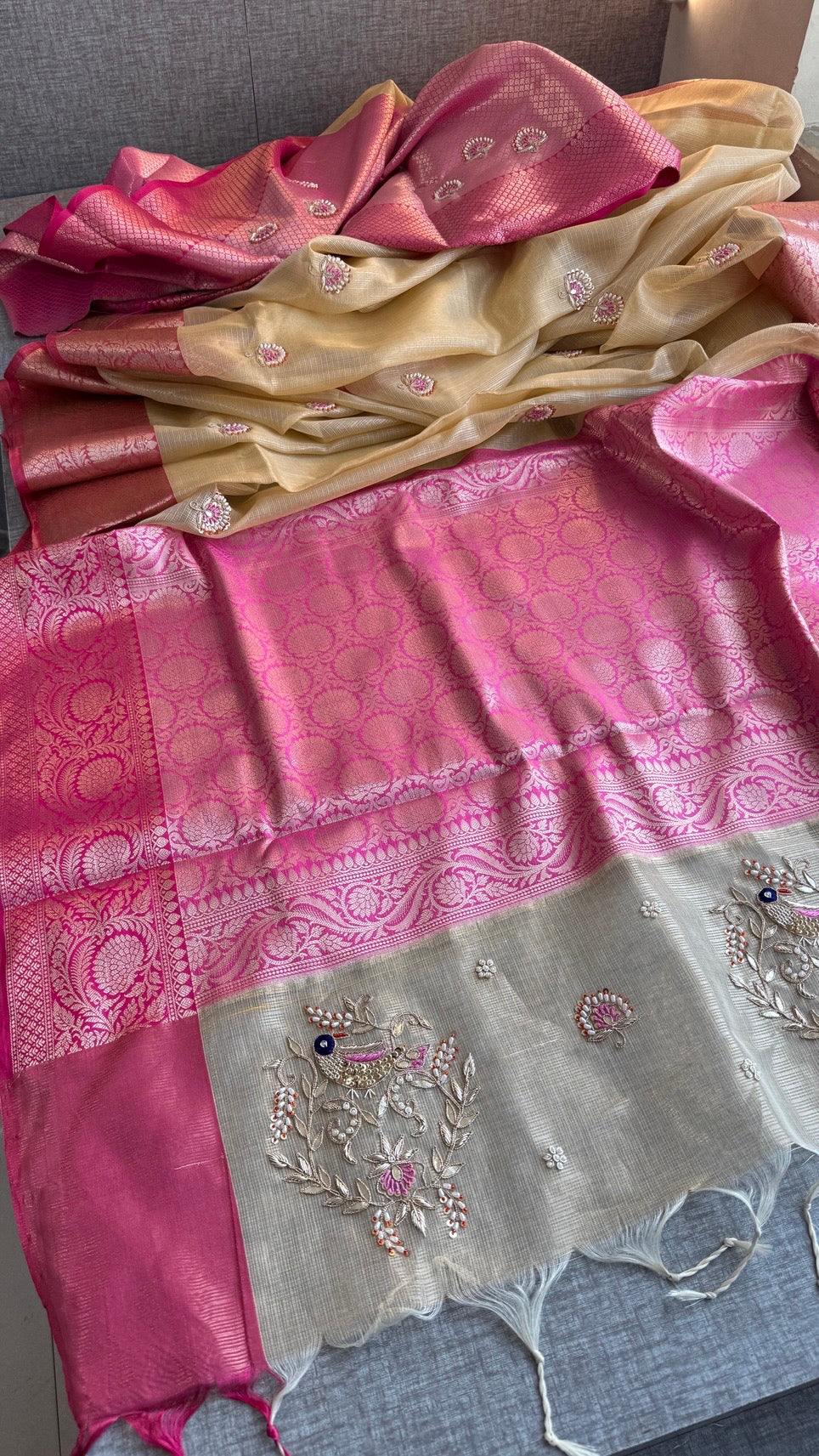 Soft Tissue Kota Silk Banarasi Weaving Saree with Gotapatti, Pearl & Sequin Embellishments