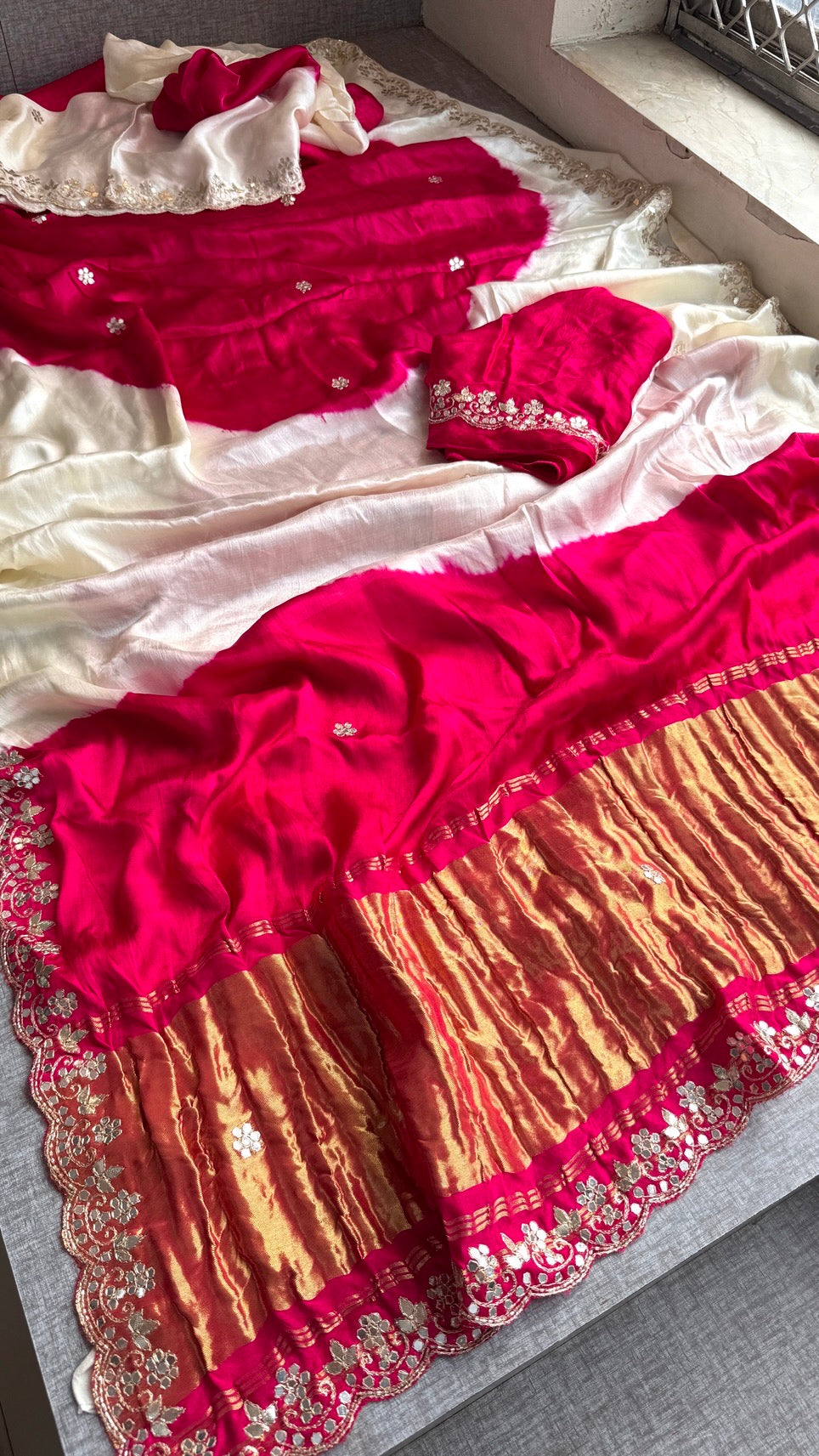 Handmade Off White and Pink Gajji Silk Saree with Gota Patti Work and Scalloped Border | Wedding & Festive Wear Indian Sari