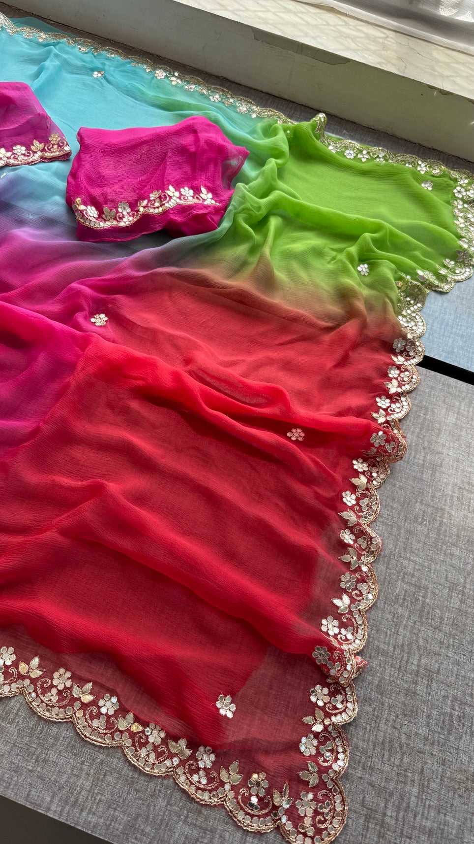 Soft Chiffon Saree Adorned with Elegant Kasab & Gota Patti Handwork