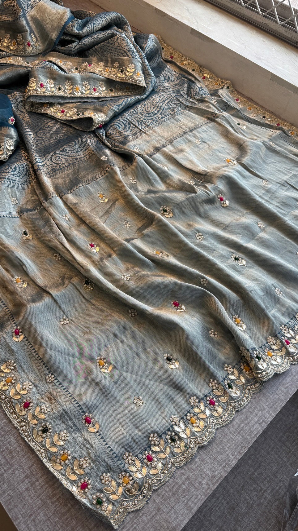 Royal Khaddi Georgette Banarasi Zari Weaving Saree with Gotapatti & Jewellery Stone Embellishment