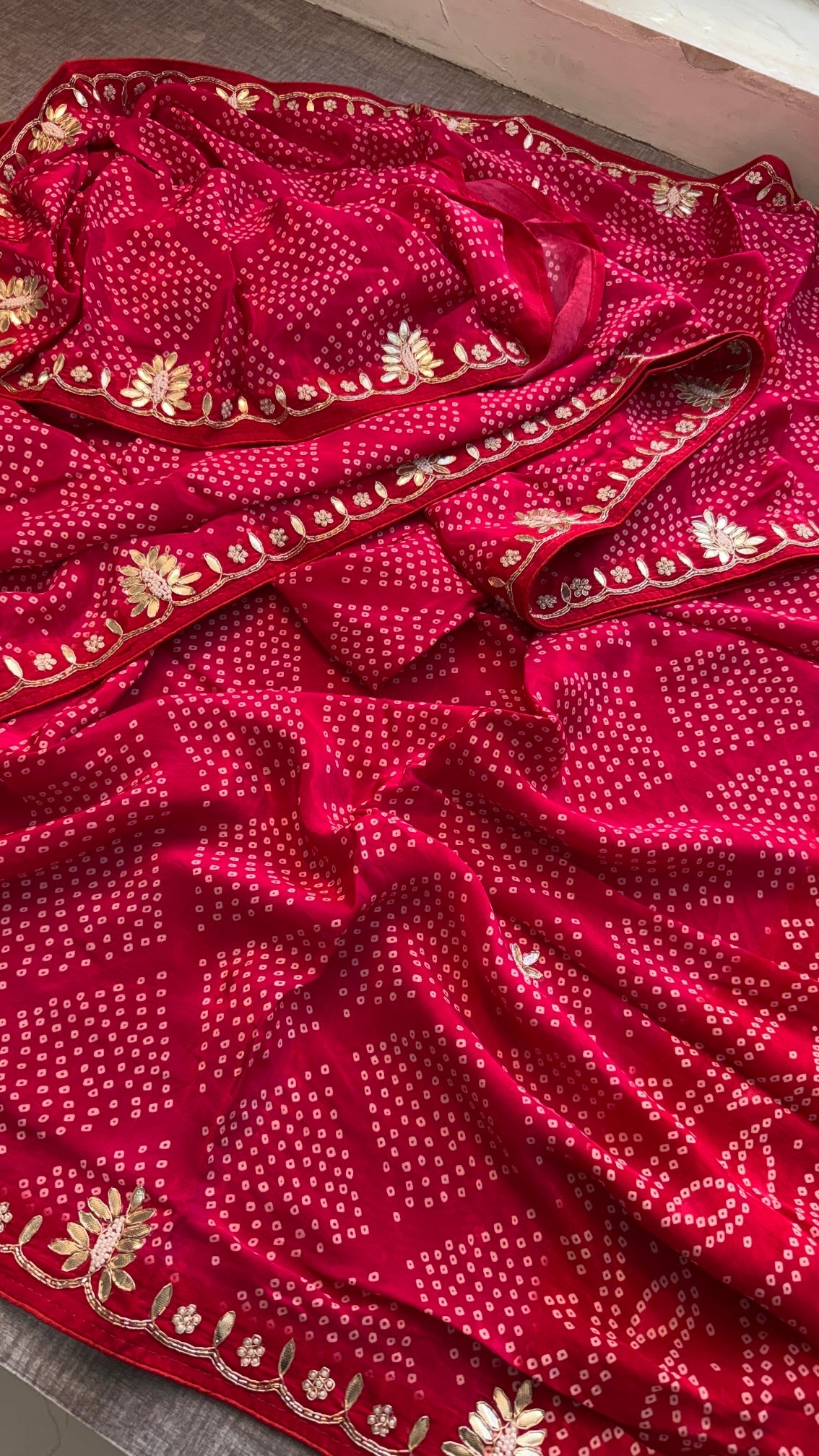 Exquisite Handcrafted Bandhani & Munga Silk Saree with Zardozi Work