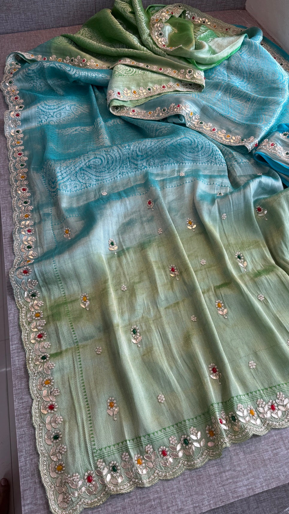 Royal Khaddi Georgette Banarasi Zari Weaving Saree with Gotapatti & Jewellery Stone Embellishment