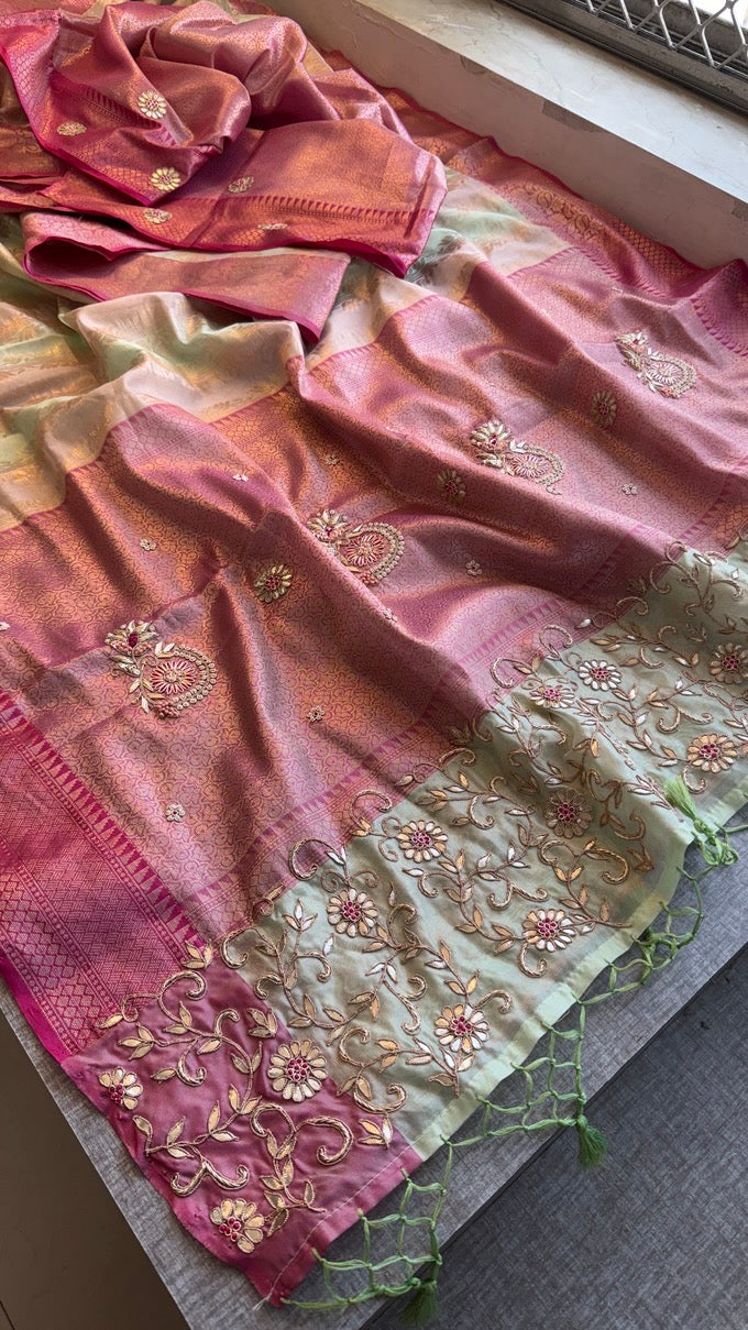 Pure Soft Tissue Silk Saree with Heavy Pallid Brocade & Banarasi Zari Border