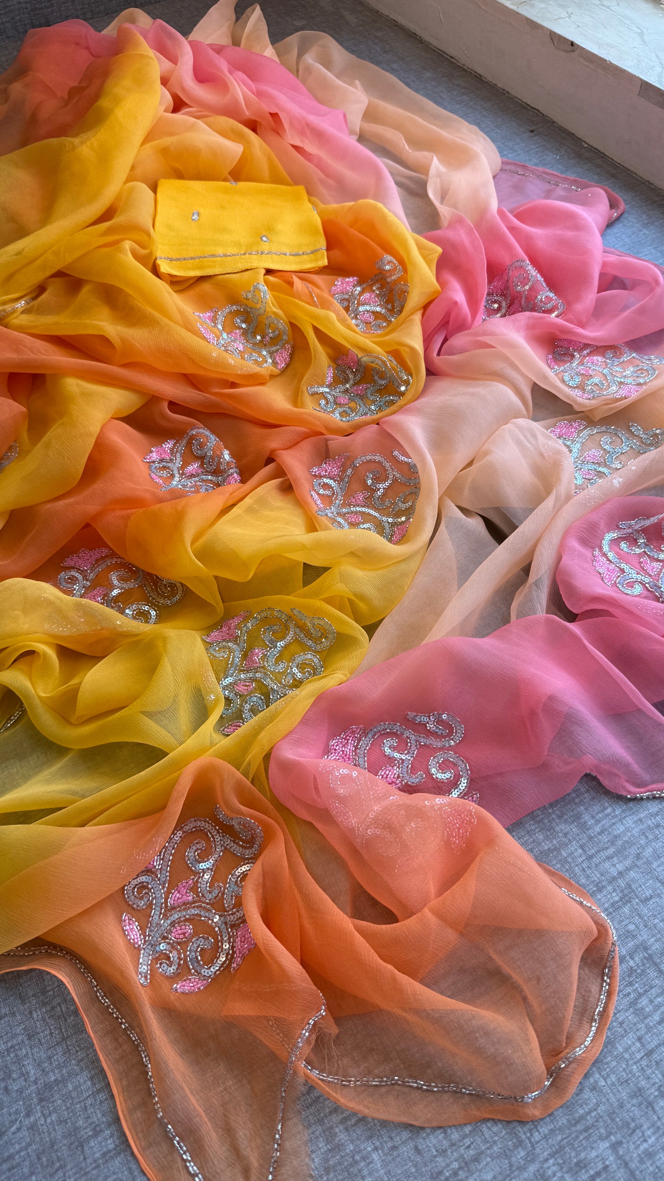 Pure Chiffon Embroidered Saree with Matching Blouse