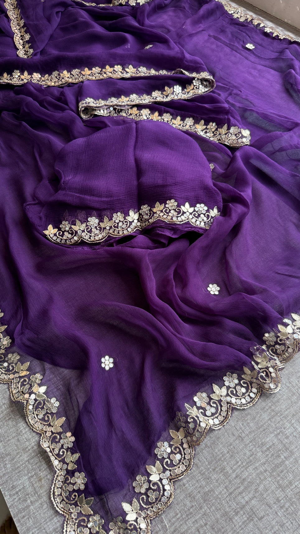 Soft Chiffon Saree Adorned with Elegant Kasab & Gota Patti Handwork