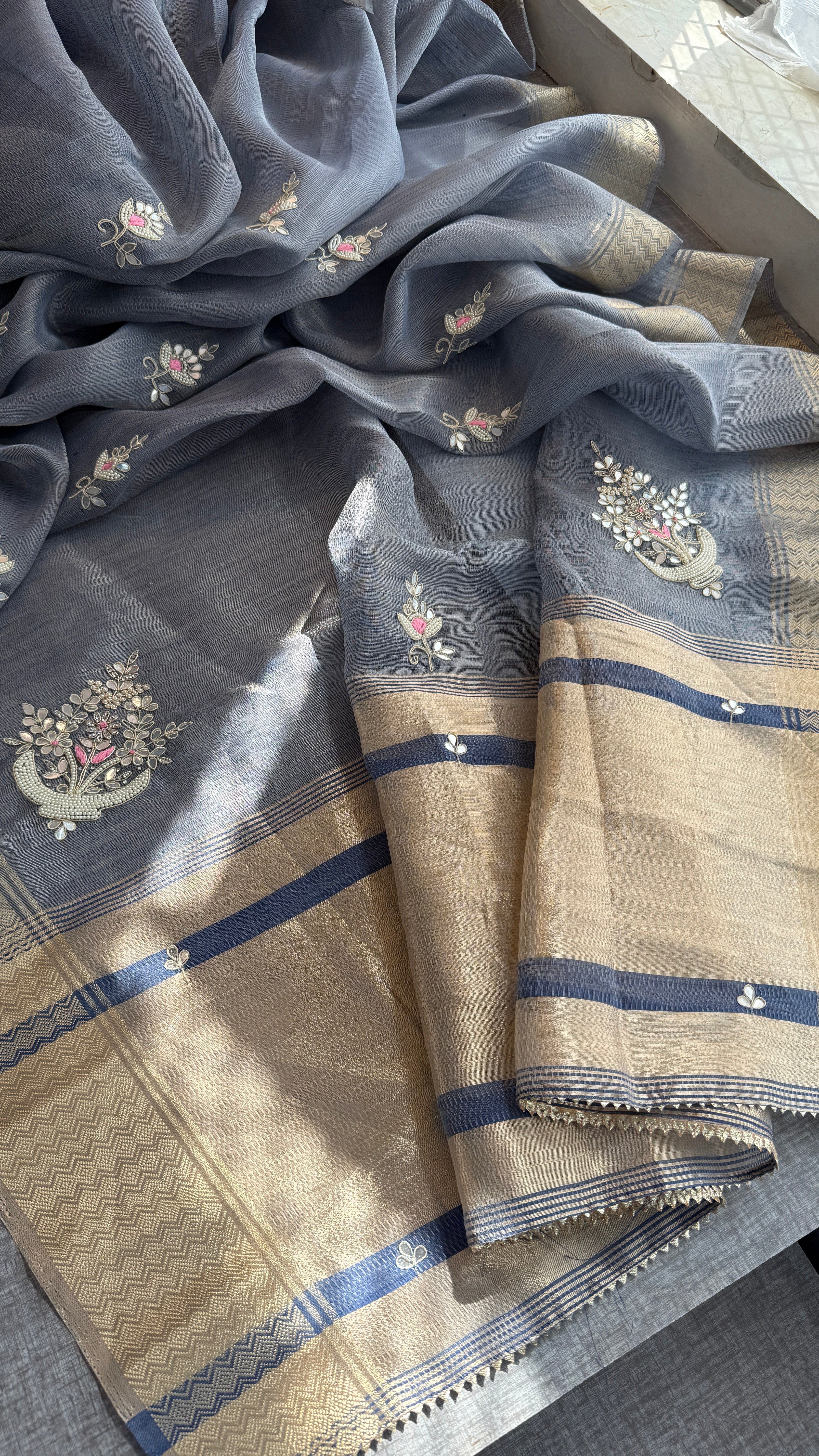 Grey tissue linen  silk Saree