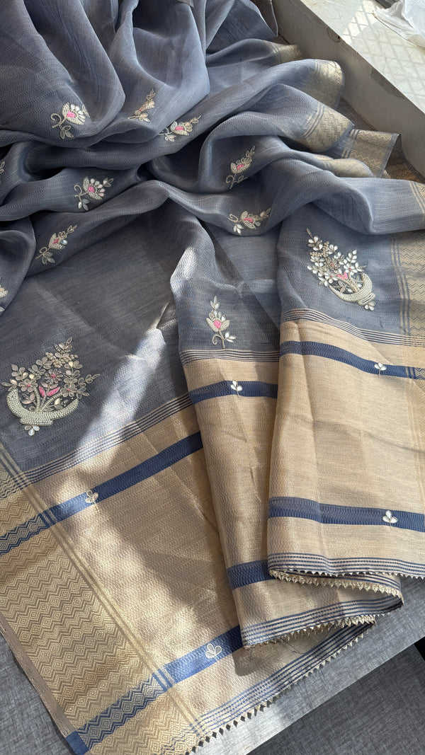 Grey tissue linen  silk Saree