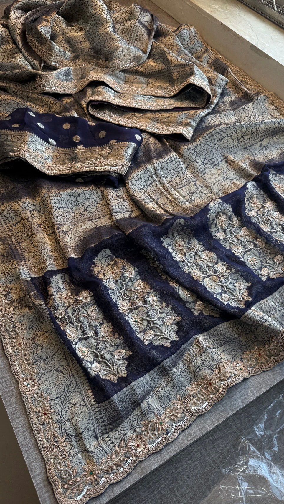 Wedding Wear Banarasi Khaddi Georgette Saree with Pearl Sequin Gotapatti Work