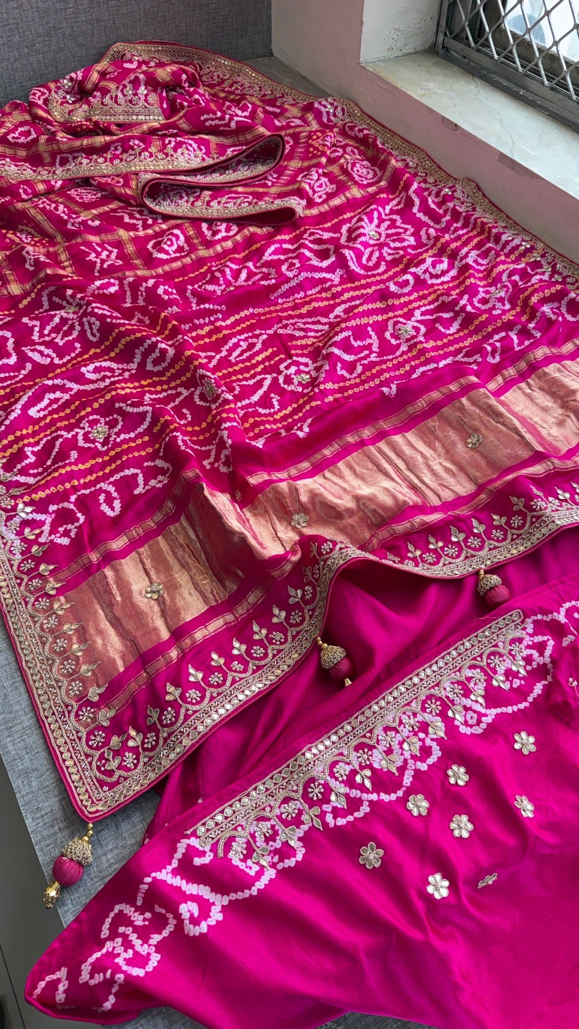 Pure Gajji Silk Bandhani Saree with Banana Wave Print & Handcrafted Gotapatti Aari Work
