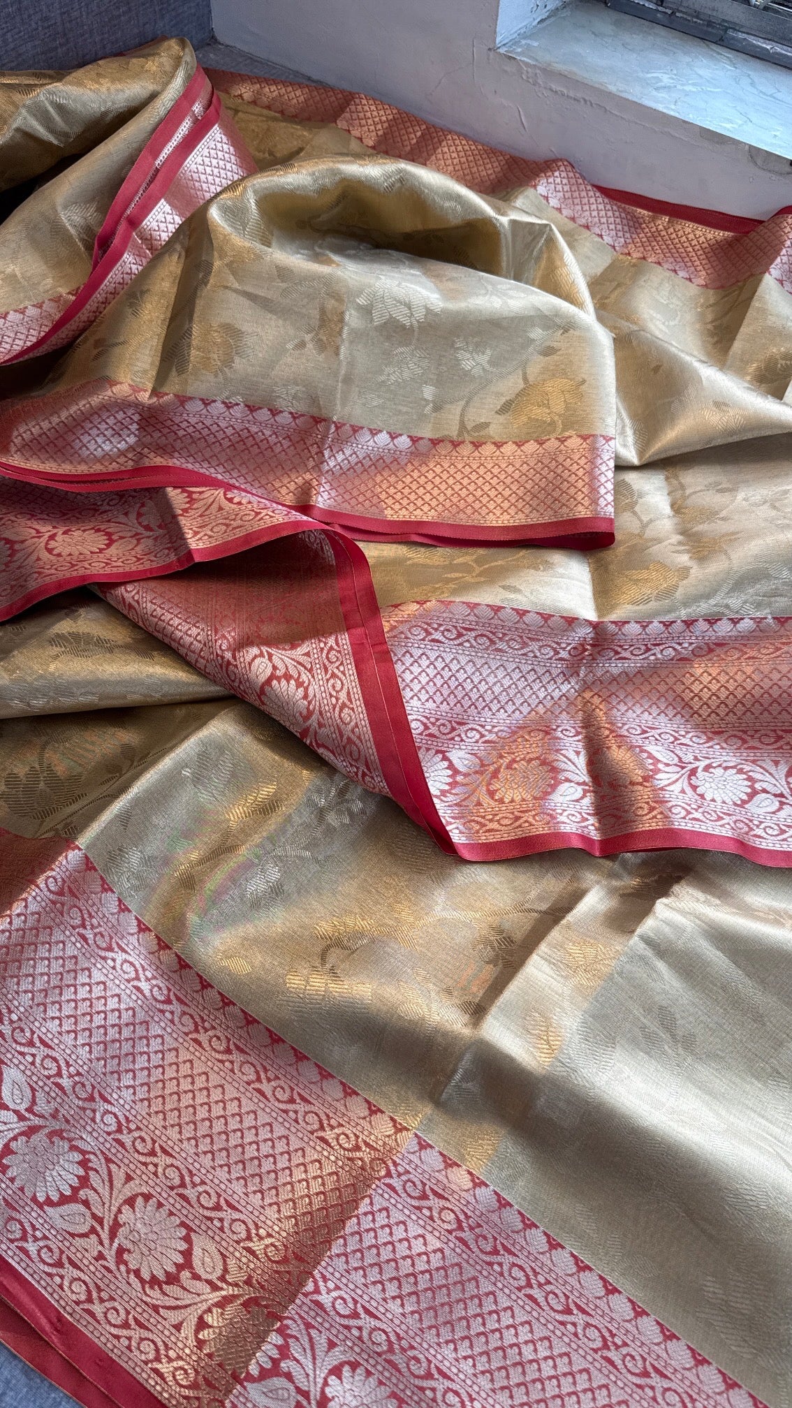 Gold and Red Kanjivaram Banarasi Silk Zari Weaving Saree with Gota Patti and Zardozi Handwork, Designer Wedding & Festive Wear