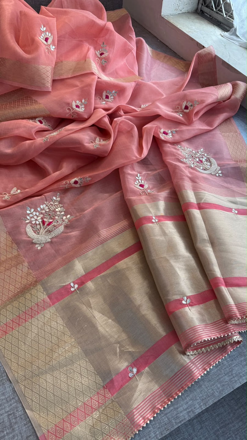 Cotton Tissue Silk Saree with Zari Border & Resham Moti Butti | Festive Wear Saree with Matching Blouse