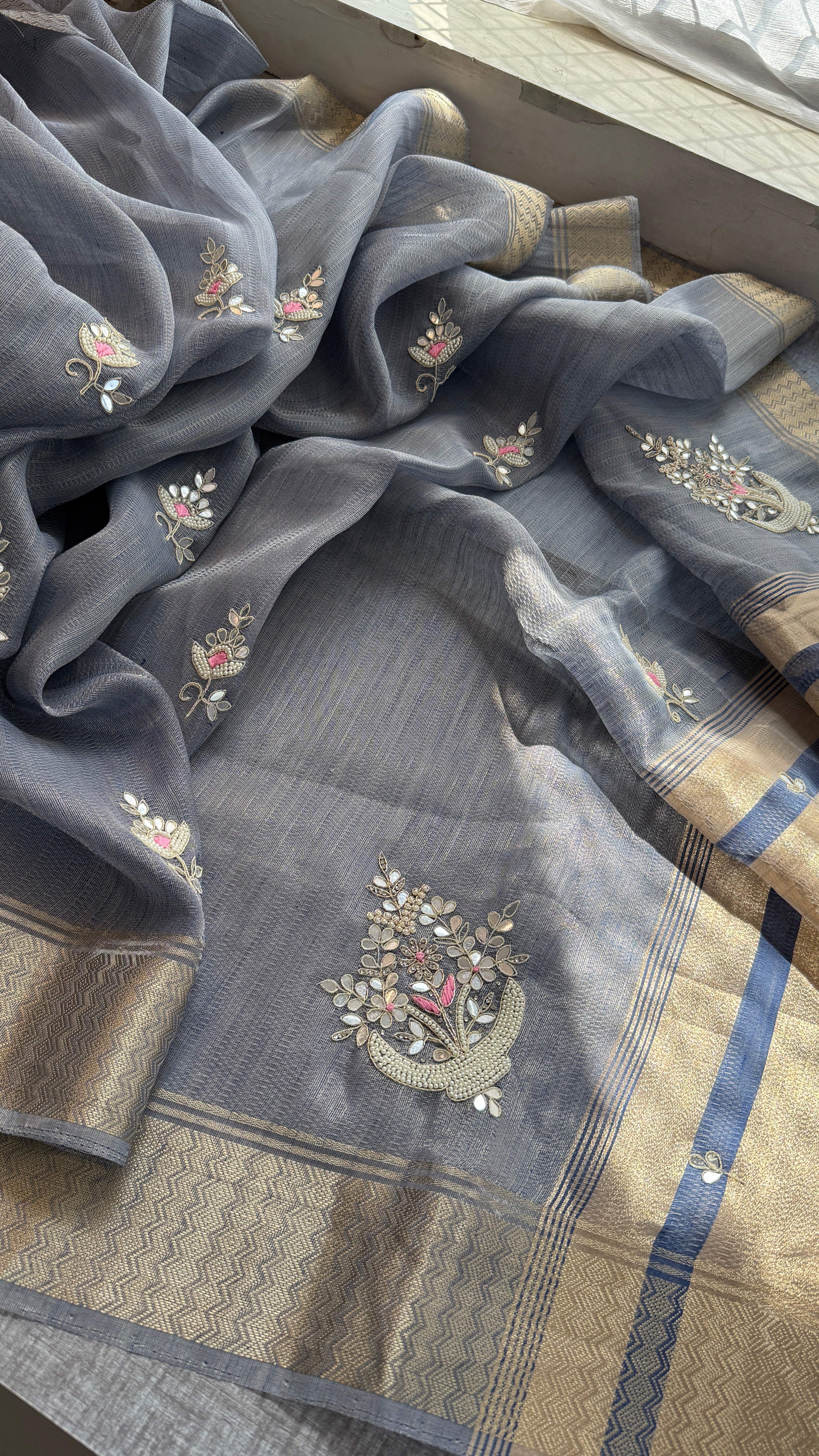 Grey tissue linen  silk Saree