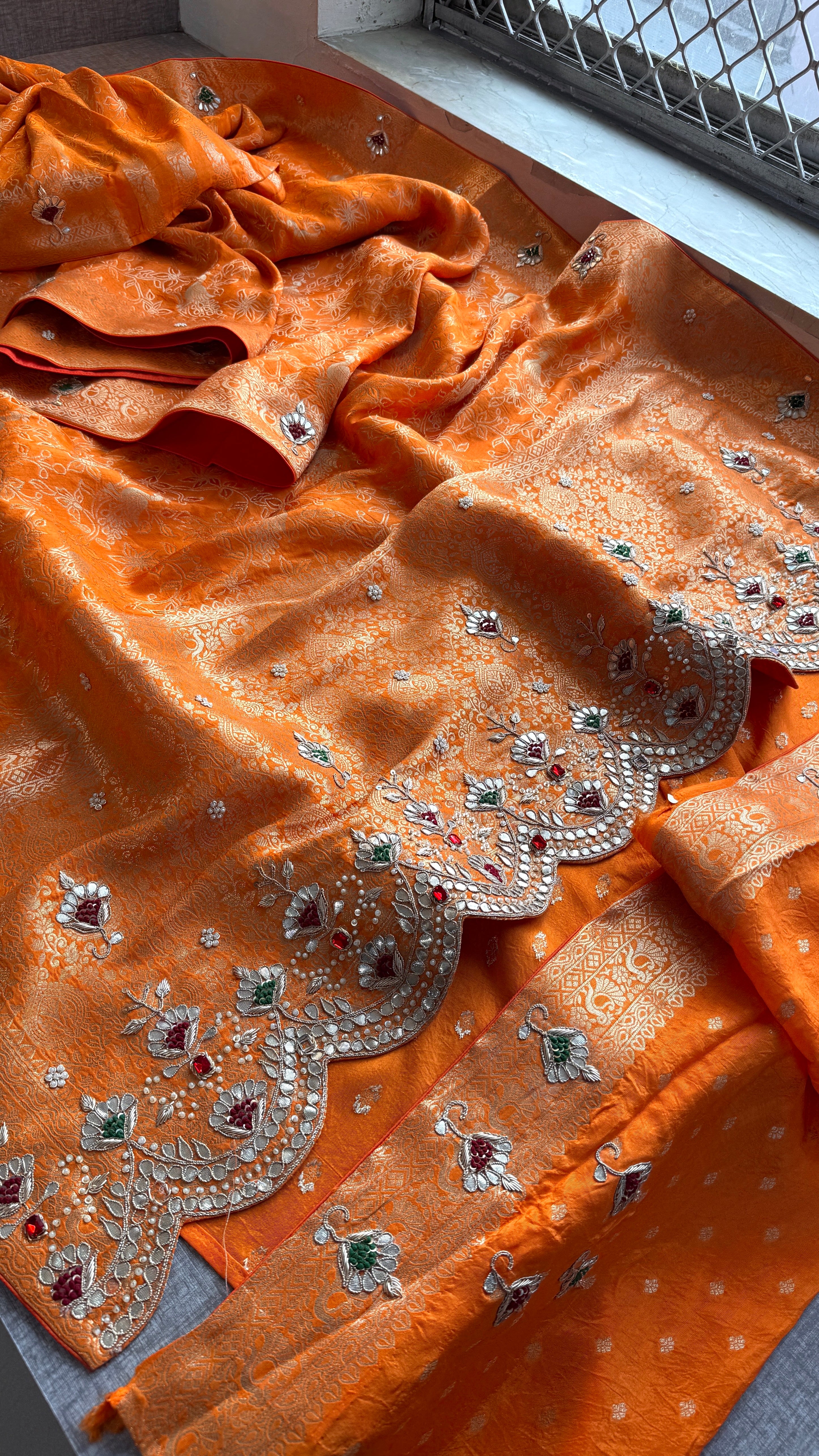 Vibrant Orange Banarasi Georgette Stone Work Saree