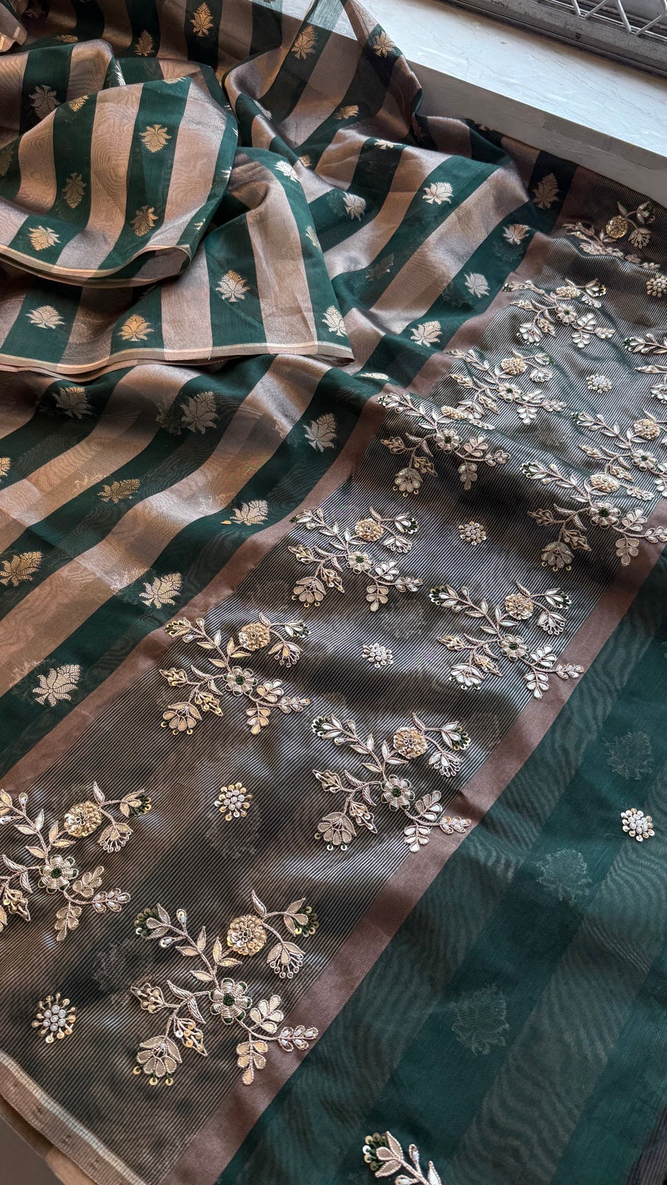 Pure Soft Silk Banarasi Weaving Saree with Zardozi Gotapatti & Pearl Sequins Pallu