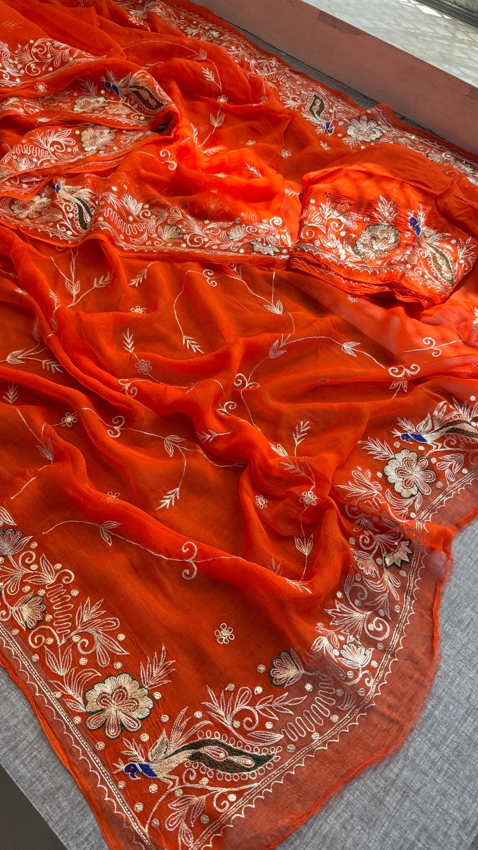 Handcrafted Chiffon Saree with Aari Pittan Peacock Work