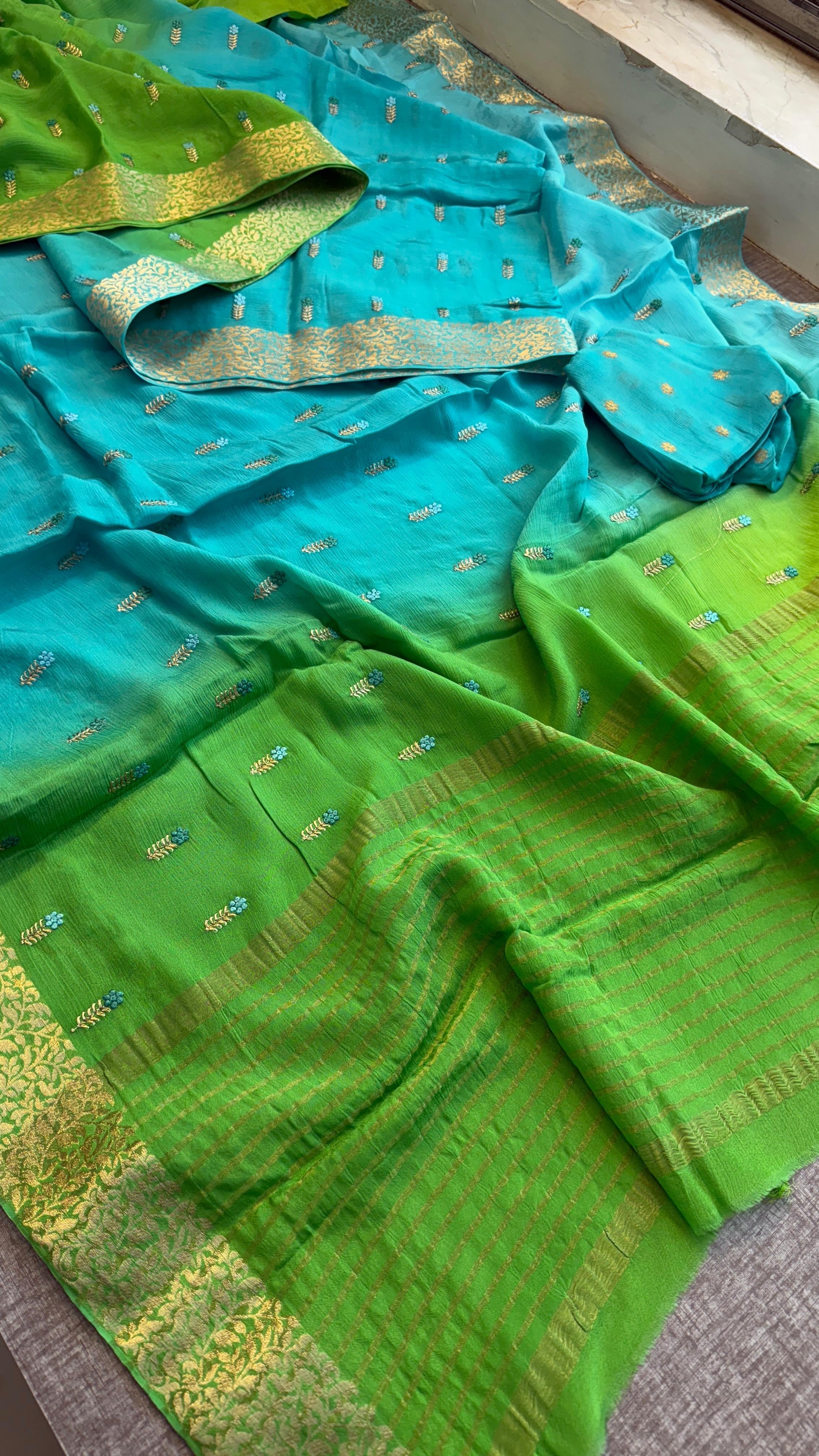 Pure chinon crepe Embroidered Saree