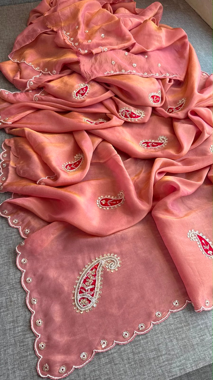 Peach-Pink Cosmo Silk Saree with Scalloped Border and Red Paisley Motifs