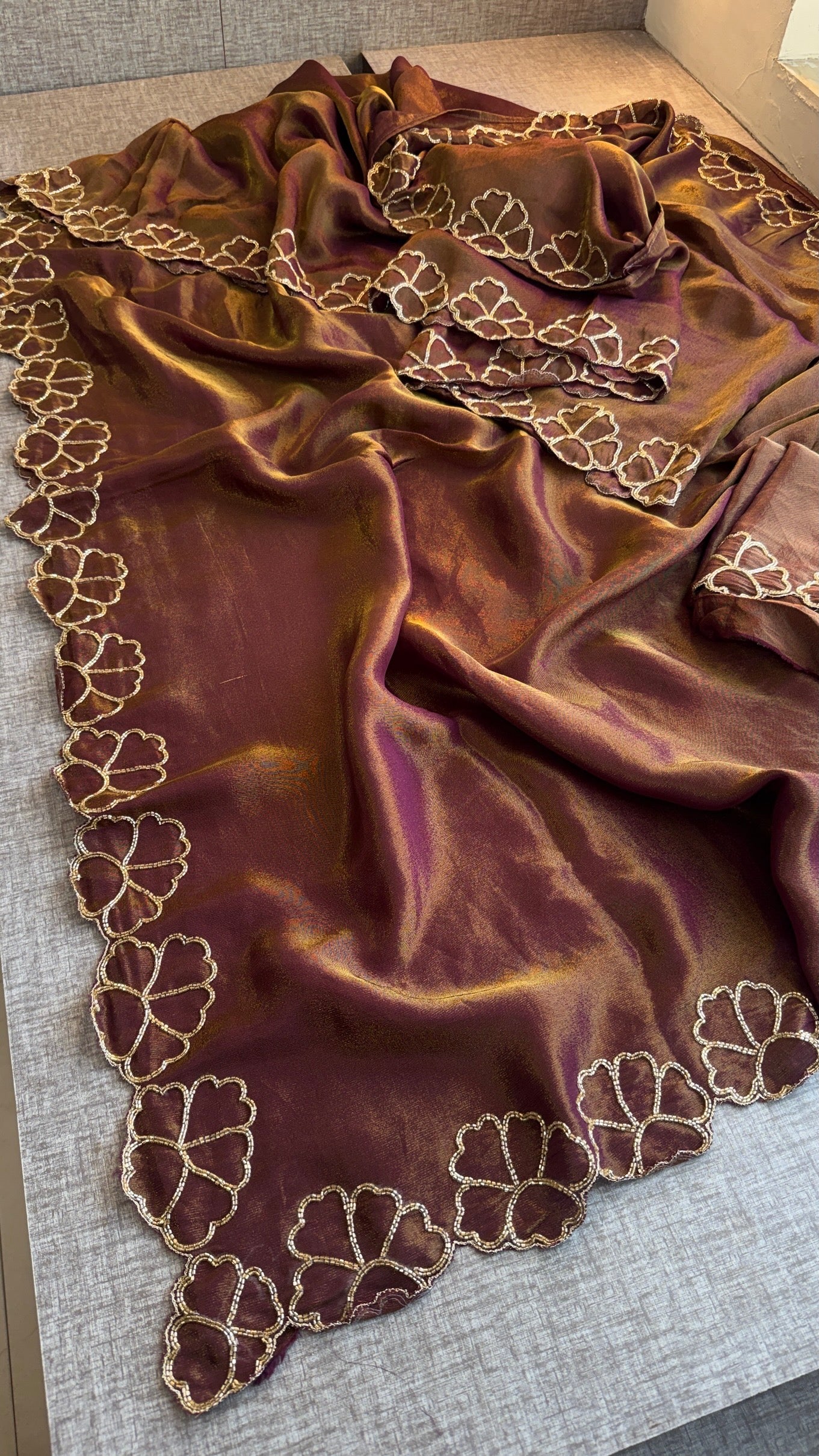Pure Cosmo Silk Saree with Hand Kutdana Work & Designer Scallop Border – Luxury Party Wear Silk Saree