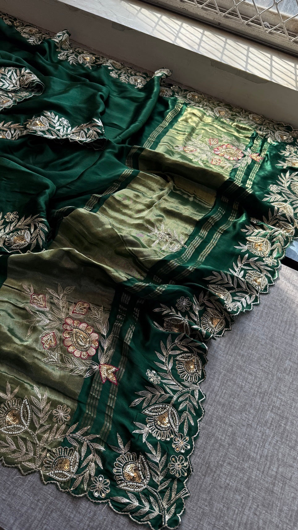Soft Gajji Silk Lakdi Patta Banarasi Saree with Zardozi, Kasab, Pearl & Sequins Work