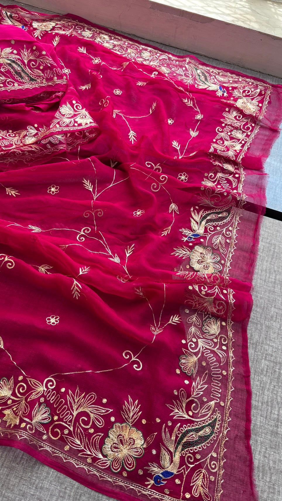 Handcrafted Chiffon Saree with Aari Pittan Peacock Work