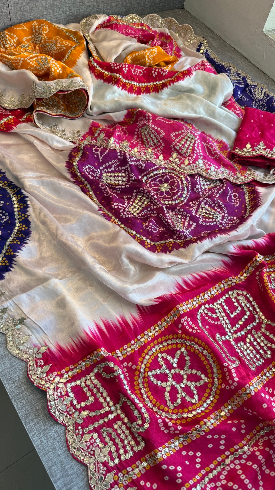 Elegant Gajji Silk Saree with Bandhani Prints & Handcrafted Embellishments