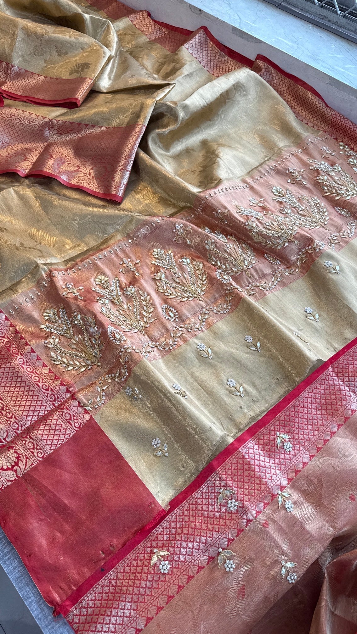 Gold and Red Kanjivaram Banarasi Silk Zari Weaving Saree with Gota Patti and Zardozi Handwork, Designer Wedding & Festive Wear