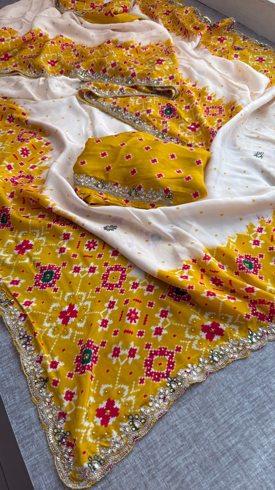 Soft Munga Silk Digital Print Saree with Zardozi, Kutdana, Pearl, Sequins & Stone Work with Designer Blouse