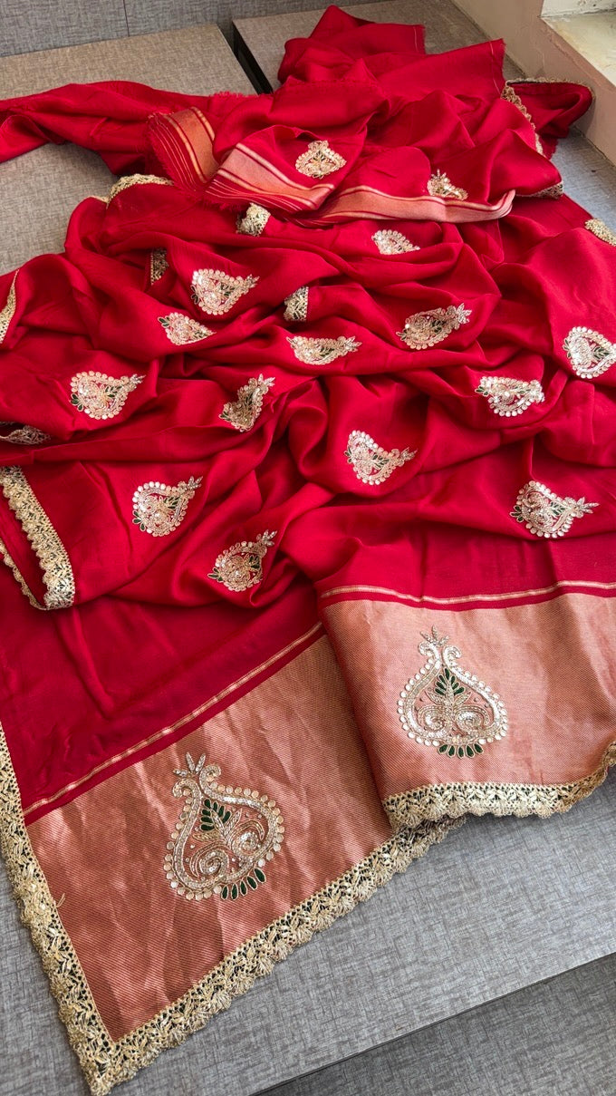Pure Munga Silk Lakdi Patta Banarasi Saree with Gotapatti, Zardozi & Pearl Work