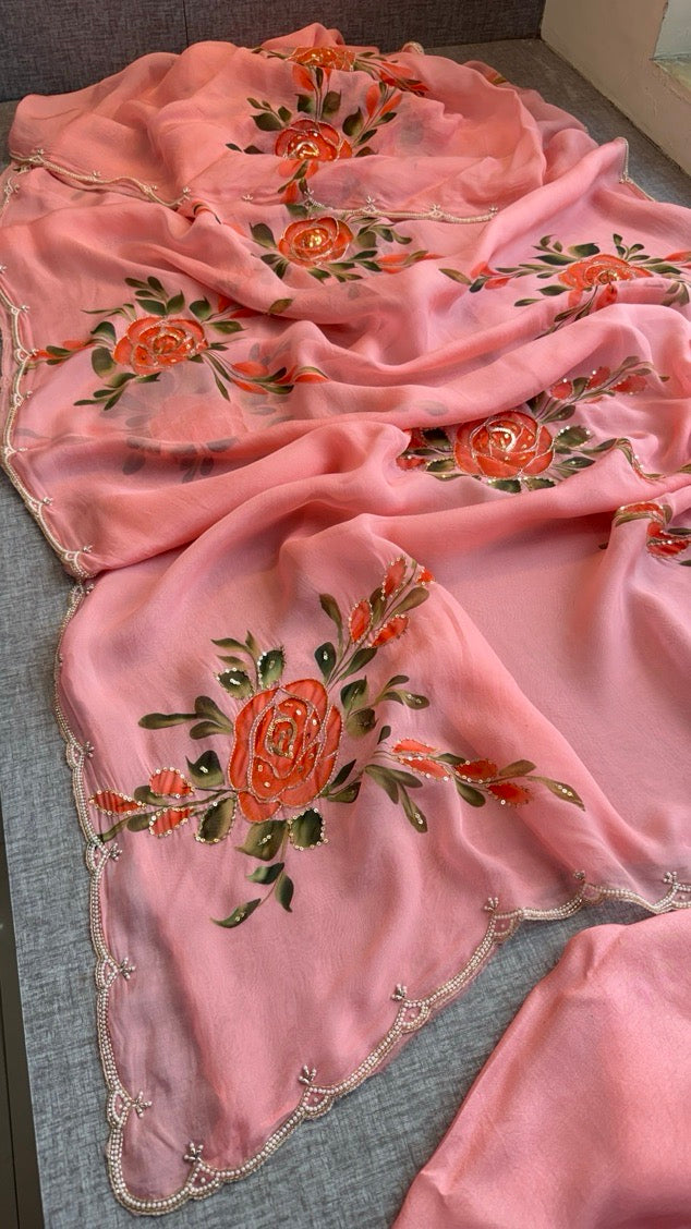 Pure Soft Organza Hand-Painted Saree,