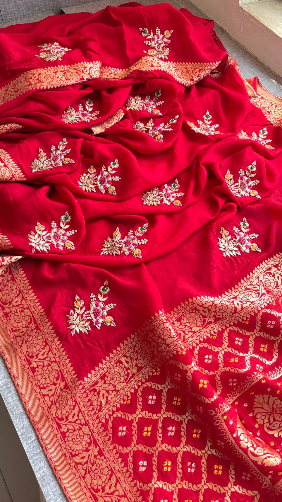 Beautiful Precious Stone Saree | Banarasi Zari Weaving Saree | Handcrafted Gota Patti & Zardozi Work | Bridal & Festive Designer Saree