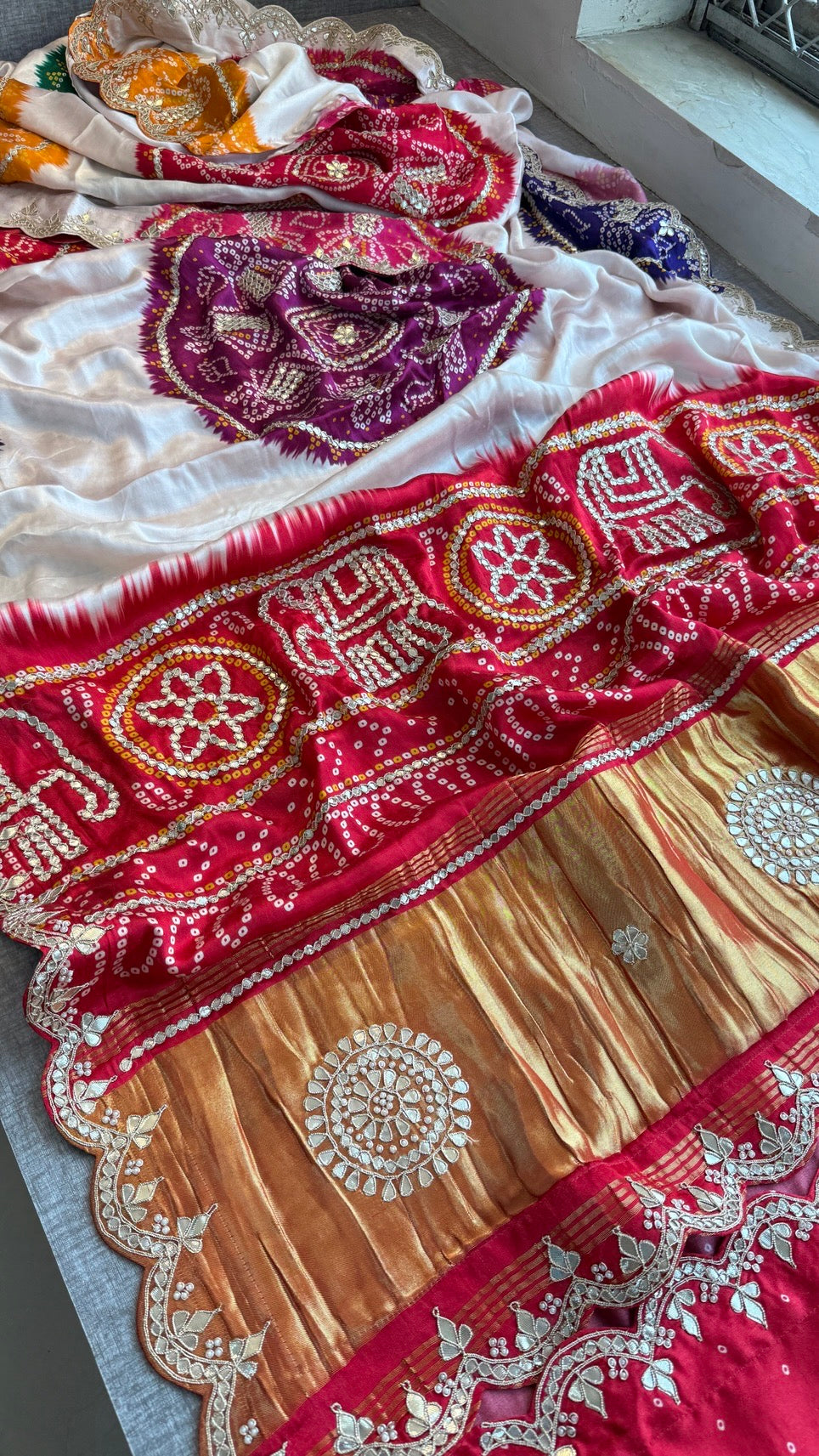 Elegant Gajji Silk Saree with Bandhani Prints & Handcrafted Embellishments