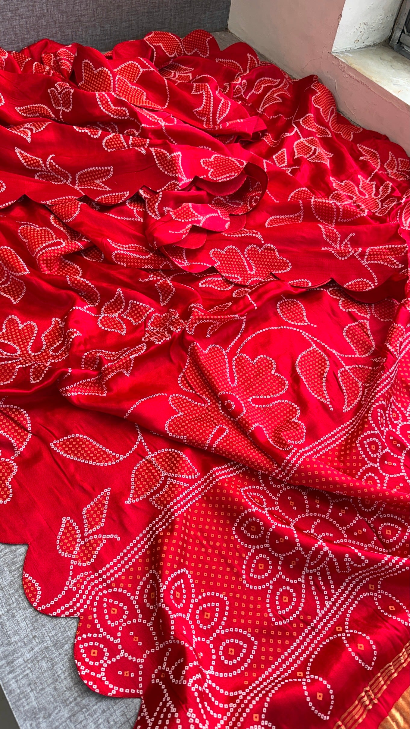 Pure Gajji Silk Bandhej Print Saree with Scallop Border – Orange Designer Bandhani Silk Saree