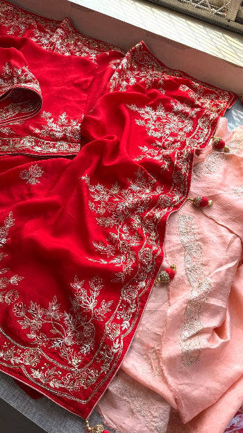 Designer Pure Munga Silk Saree with Floral Handwork & Embellished Border