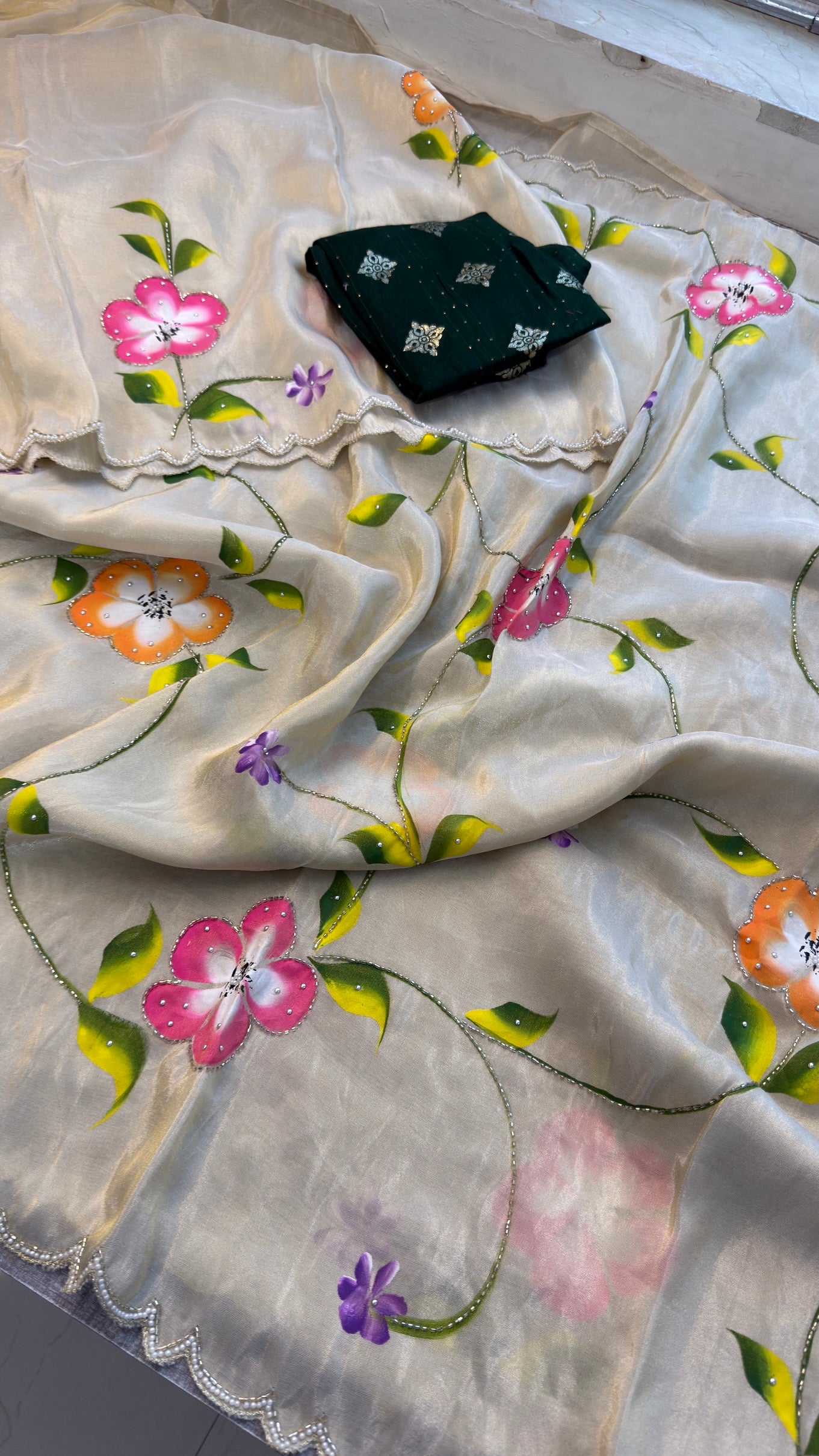 Exquisite Floral Hand-Painted Munga Silk Saree | Designer Ethnic Wear