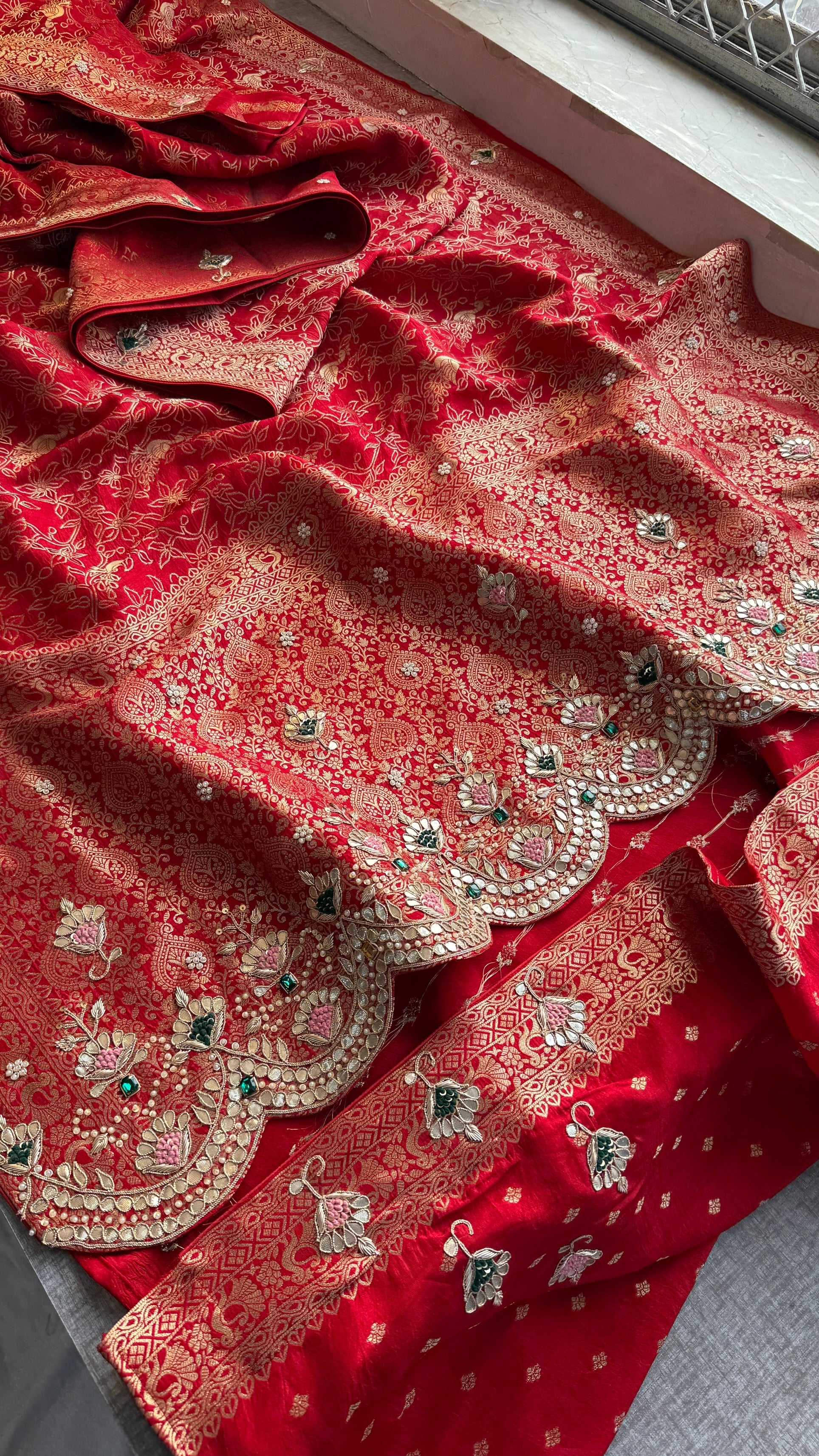 Luxury Munga Silk Banarasi Saree with Zardozi Gota Patti Pearl Sequin & Stone Handwork