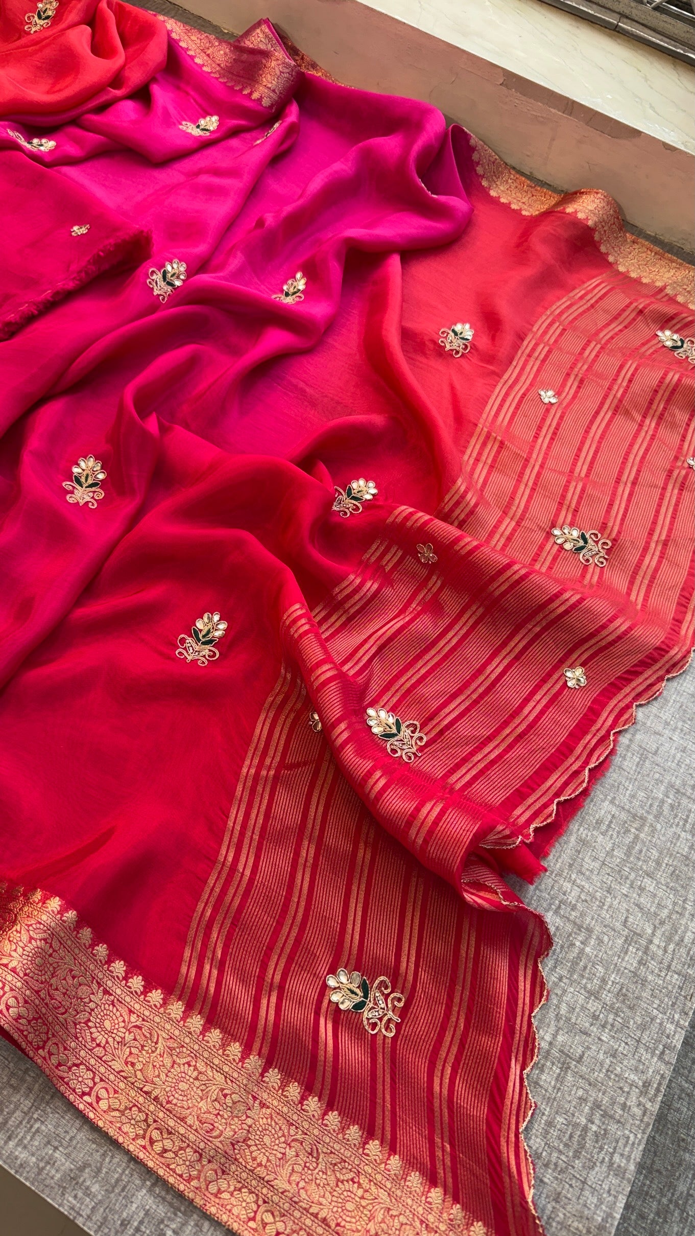 Stunning Dual-Tone Pink and Red Pure Silk Saree with Gota Patti Handwork and Banarasi Border