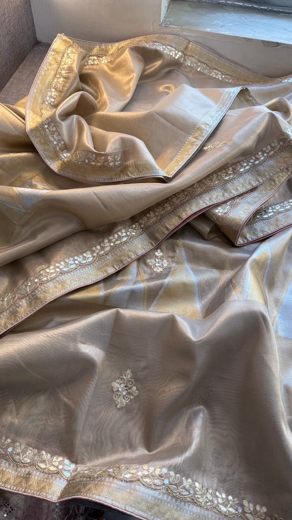 Pure Soft Tissue Silk Banarasi Weaving Saree with Gotapatti & Kutdana Handwork