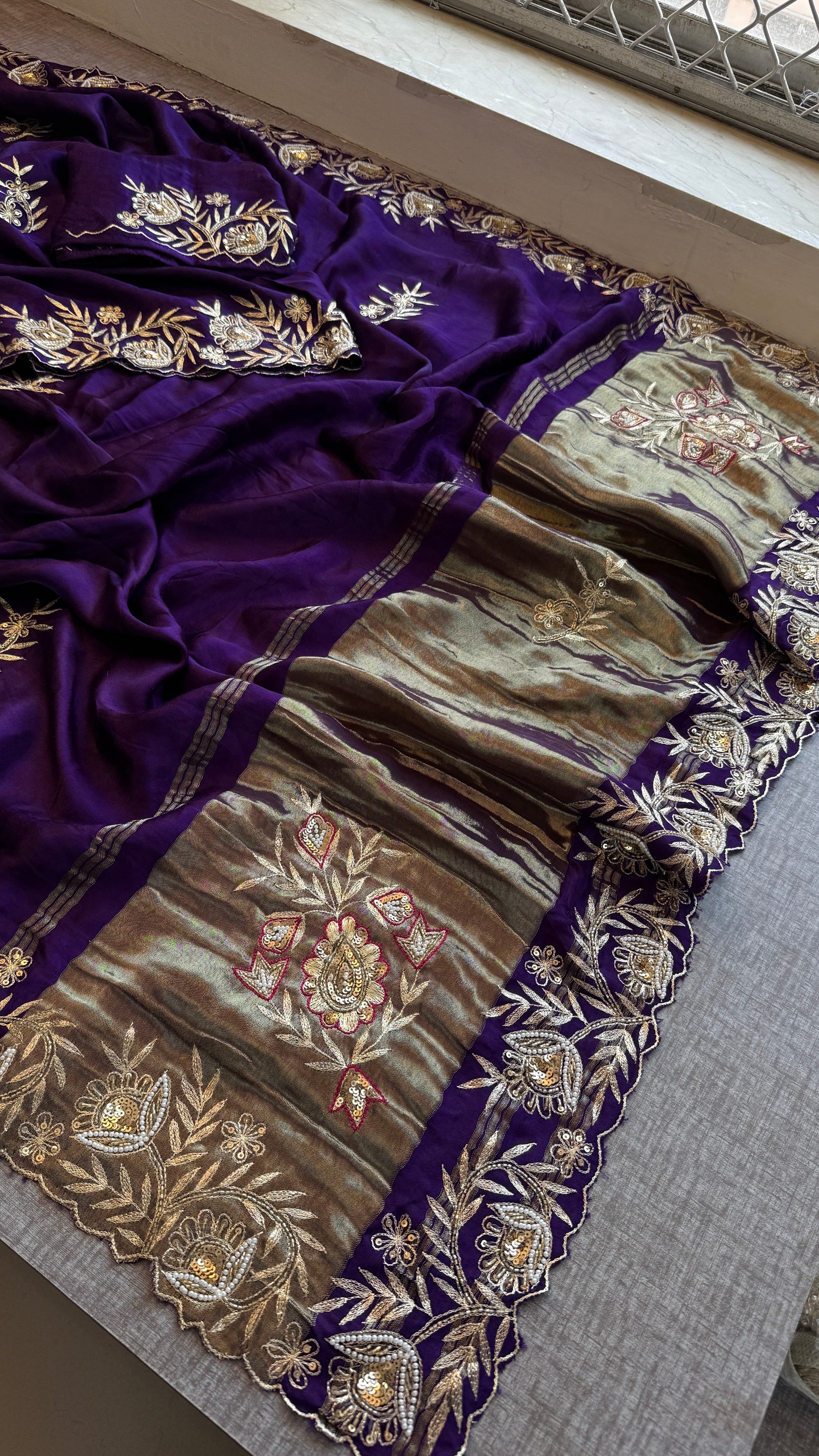 Designer Purple Pure Gajji Silk Saree with Aari, Cutdana, and Gota Patti Handwork with Blouse