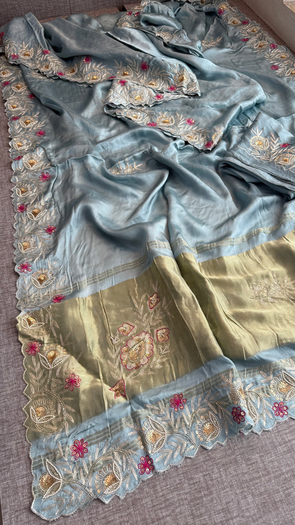 Designer Pure Gajji Silk Saree with Aari, Cutdana, and Gota Patti Handwork with Blouse