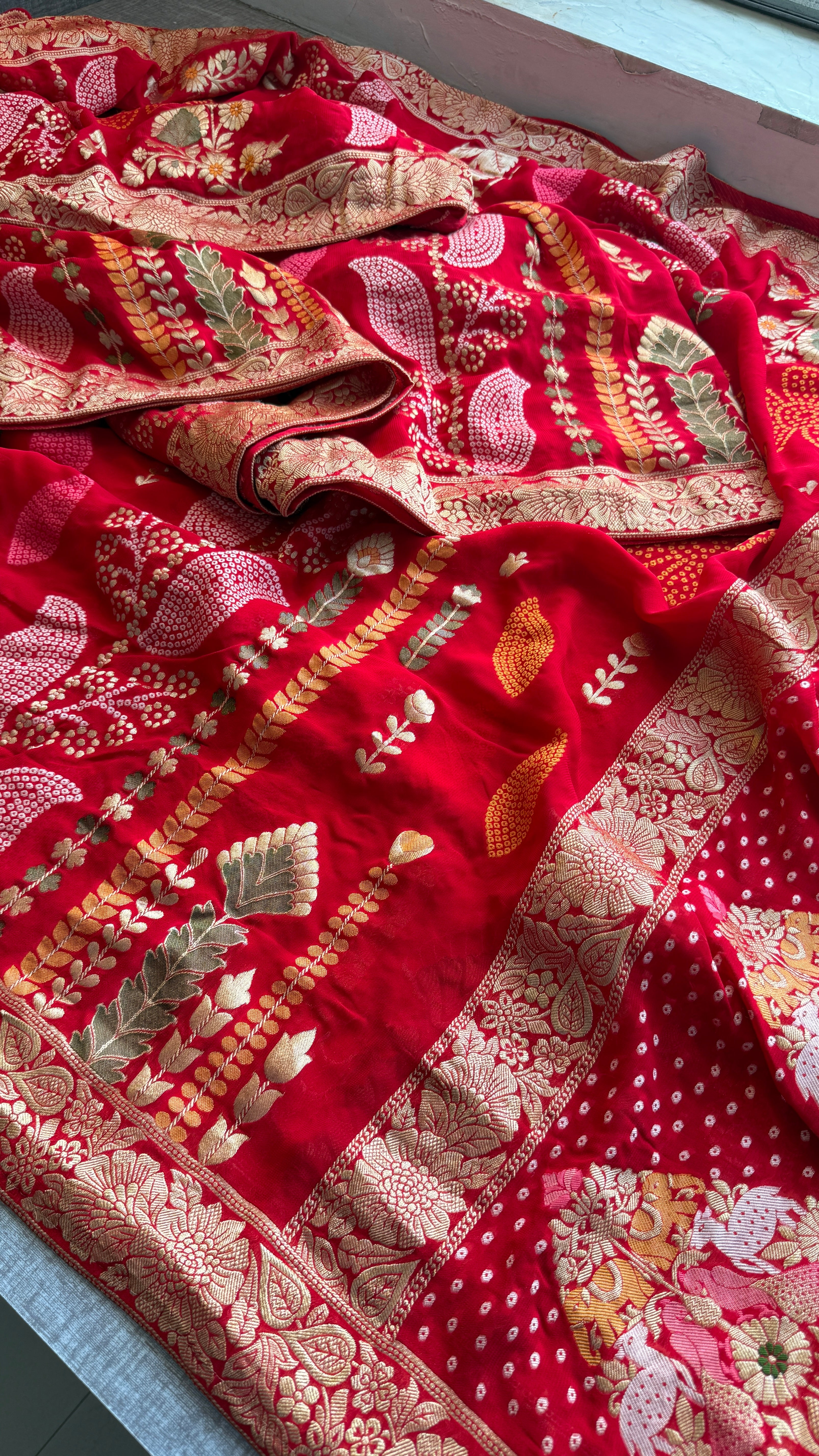 Traditional Red Banarasi Soft Georgette Saree with Heavy Zari Border