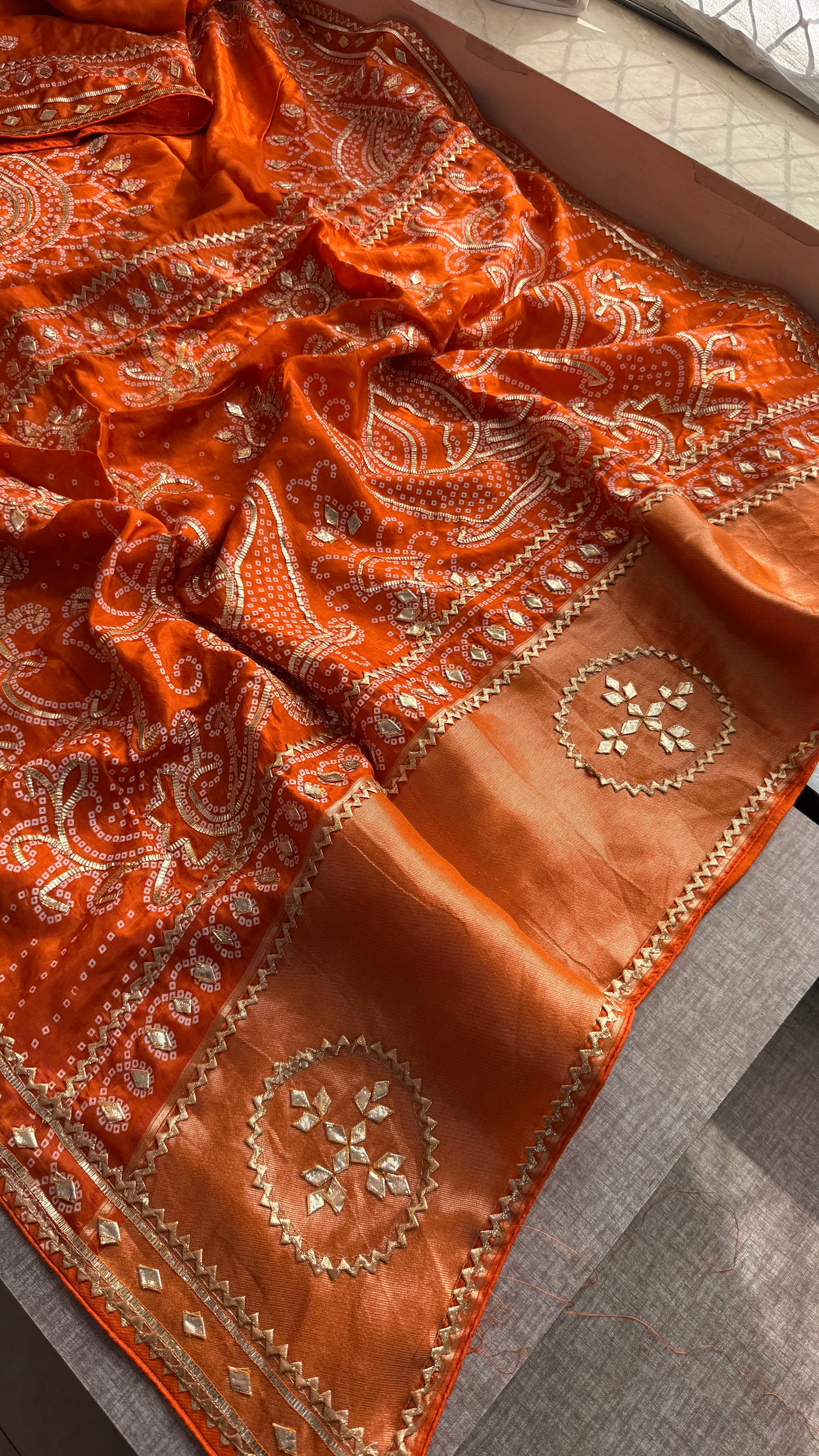 Lakdi Patta saree with sikhiya gotapatti peacock pattern