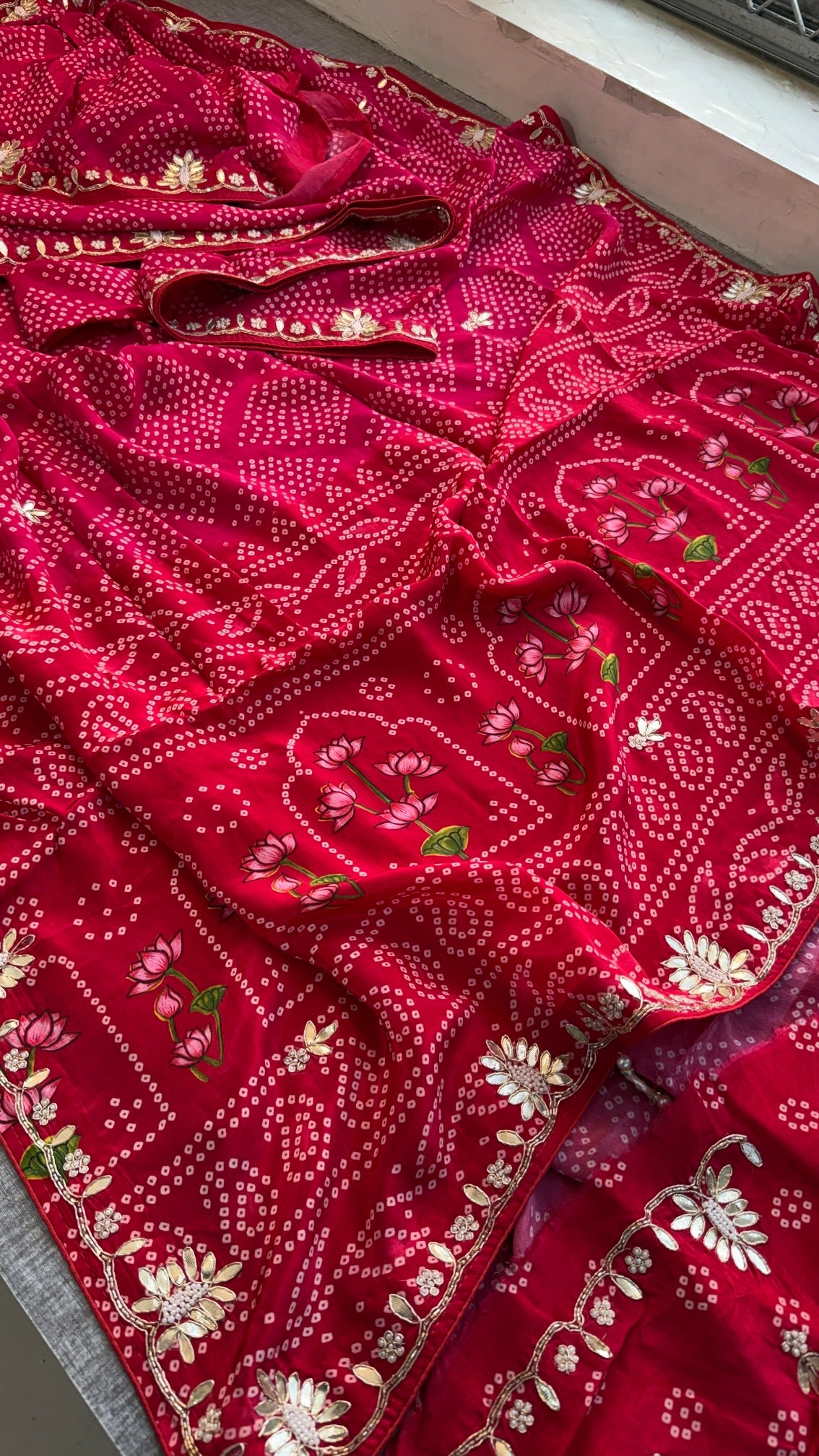 Exquisite Handcrafted Bandhani & Munga Silk Saree with Zardozi Work