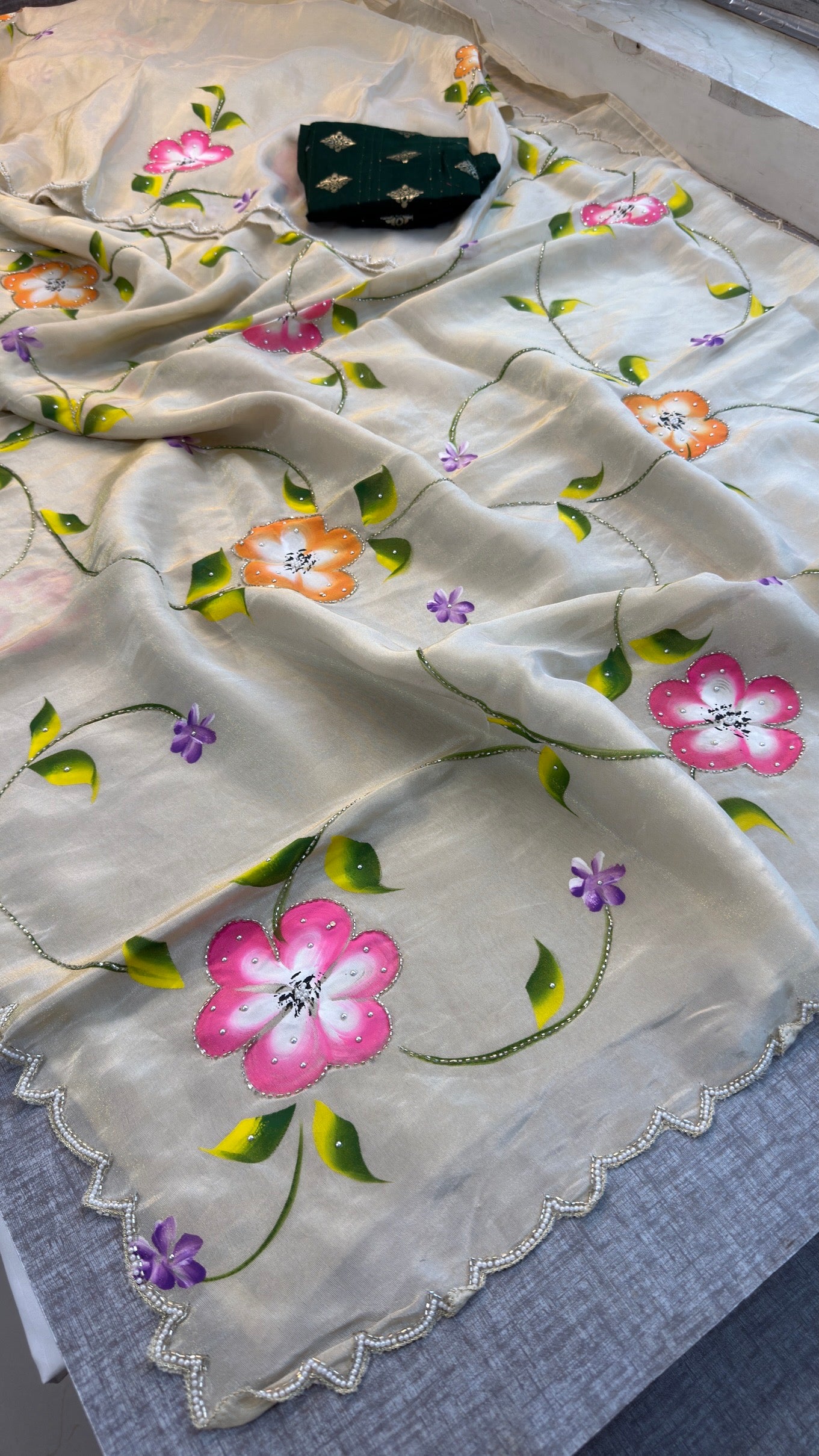 Exquisite Floral Hand-Painted Munga Silk Saree | Designer Ethnic Wear