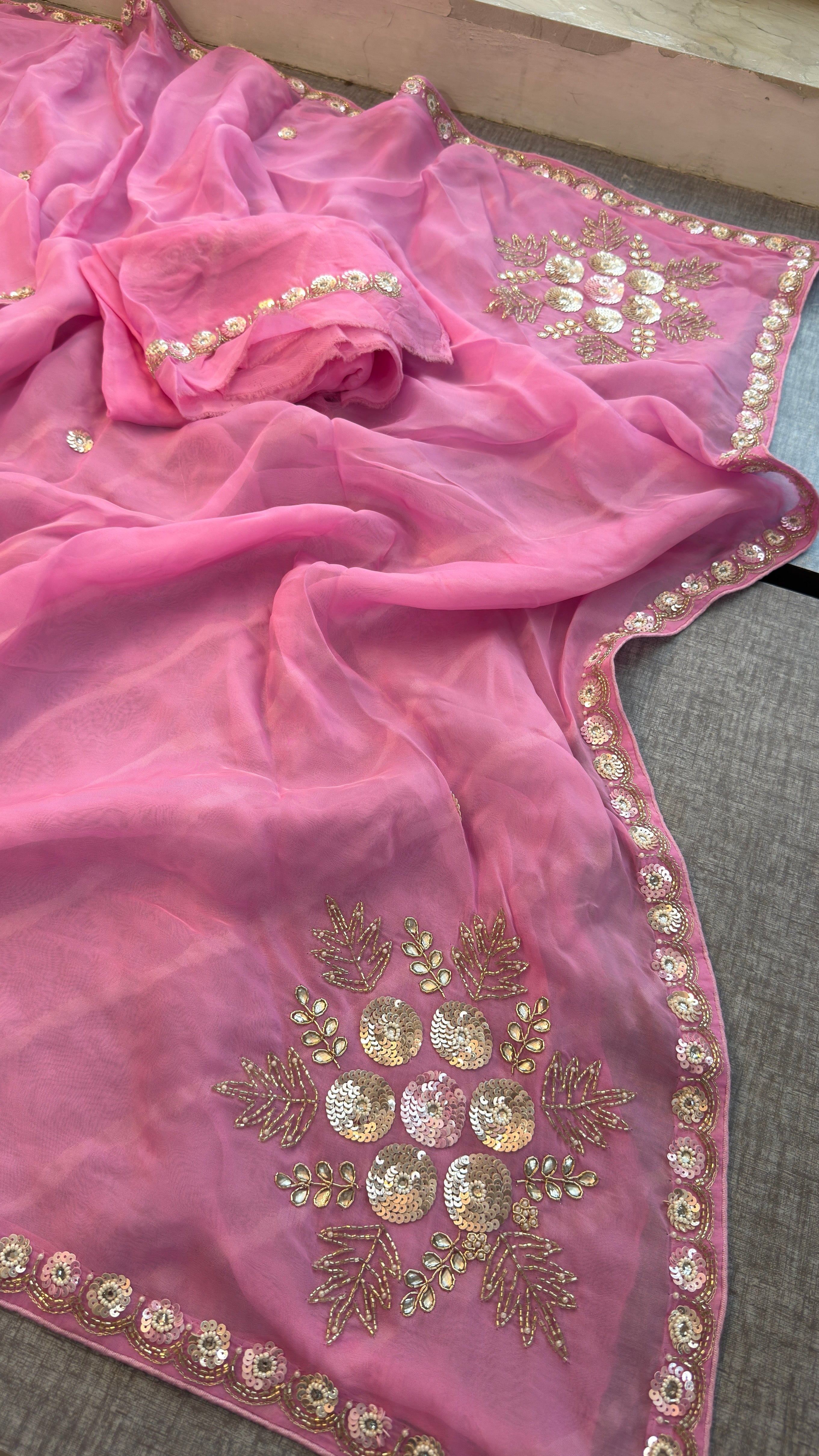 Pink Organza Leheriya Saree | Zardozi & Sequin Handwork Saree | Designer Partywear Saree